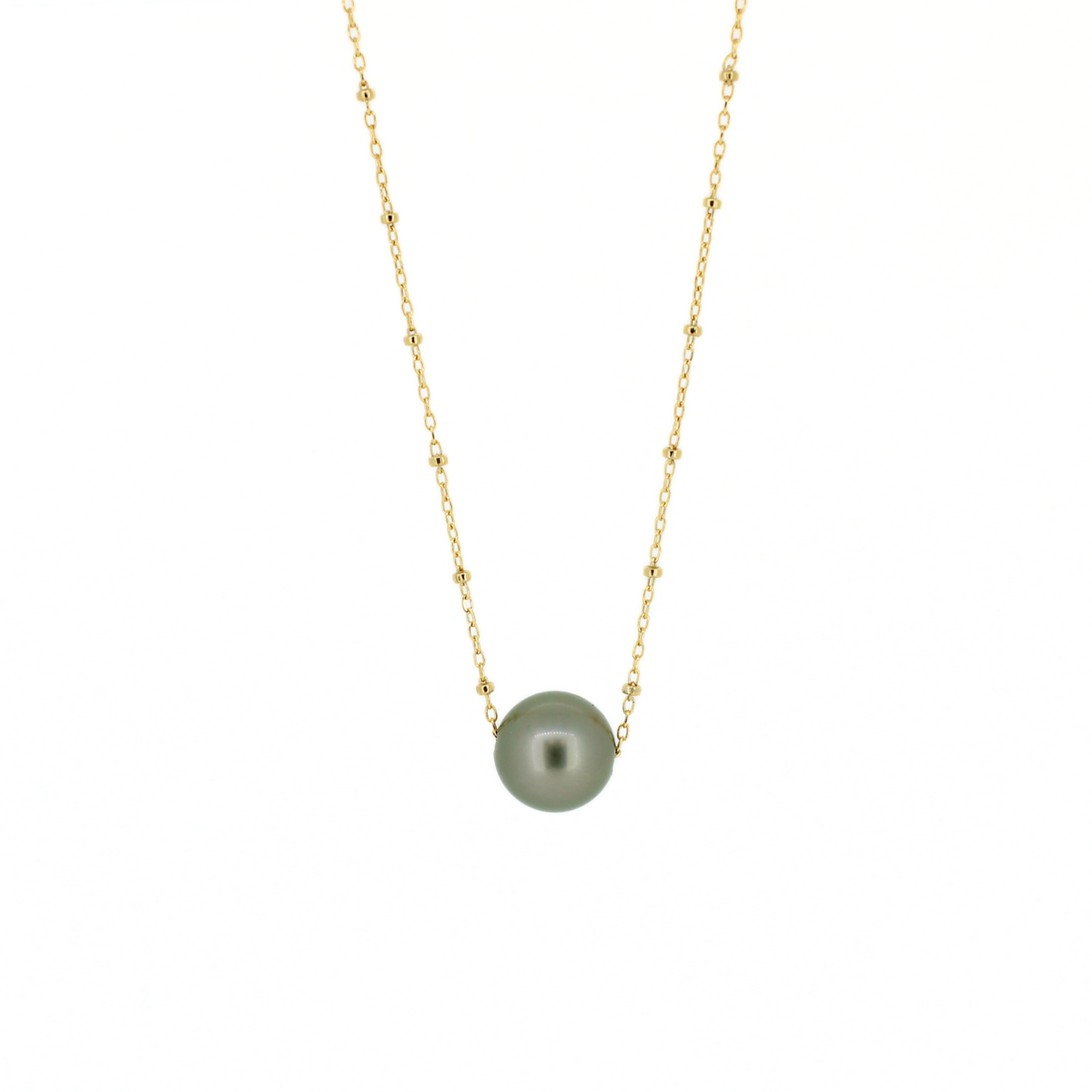 A gold chain necklace with a round pearl pendant, set against a plain white background.