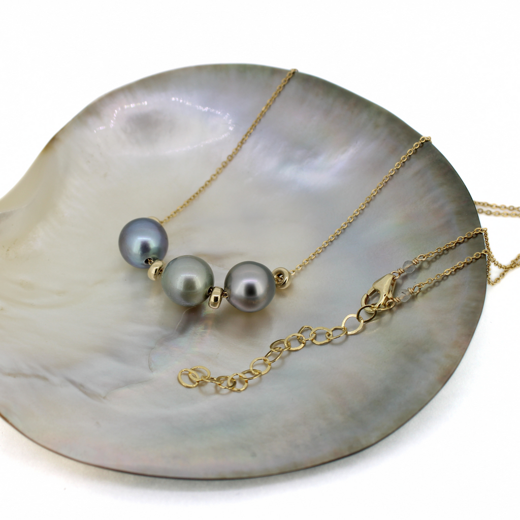 Brianne & Co. triple Tahitian pearl necklace with gold spacer beads and a 2" extender