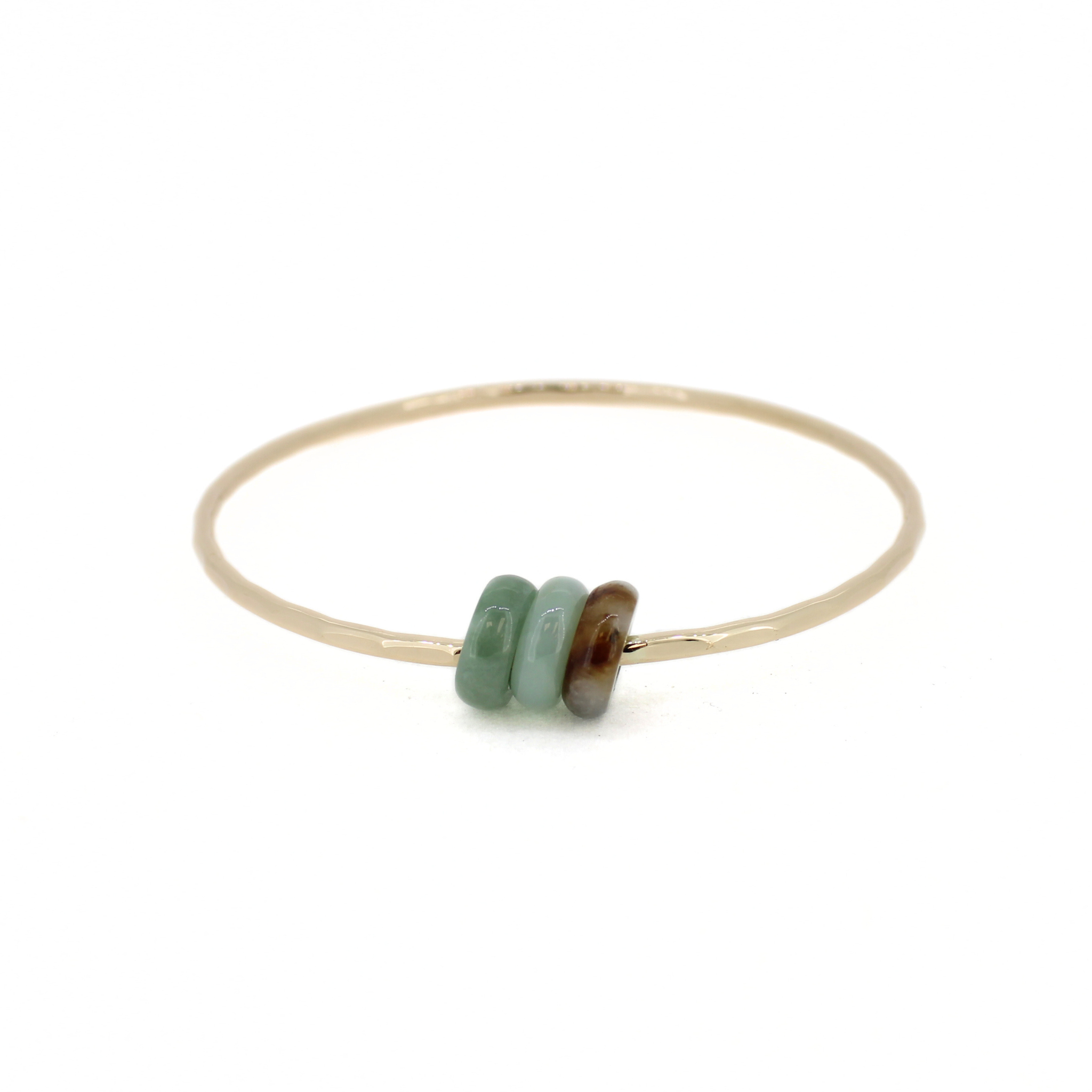 Brianne & Co. 14k gold fill hammered bangle with three colorful jade donut shaped beads