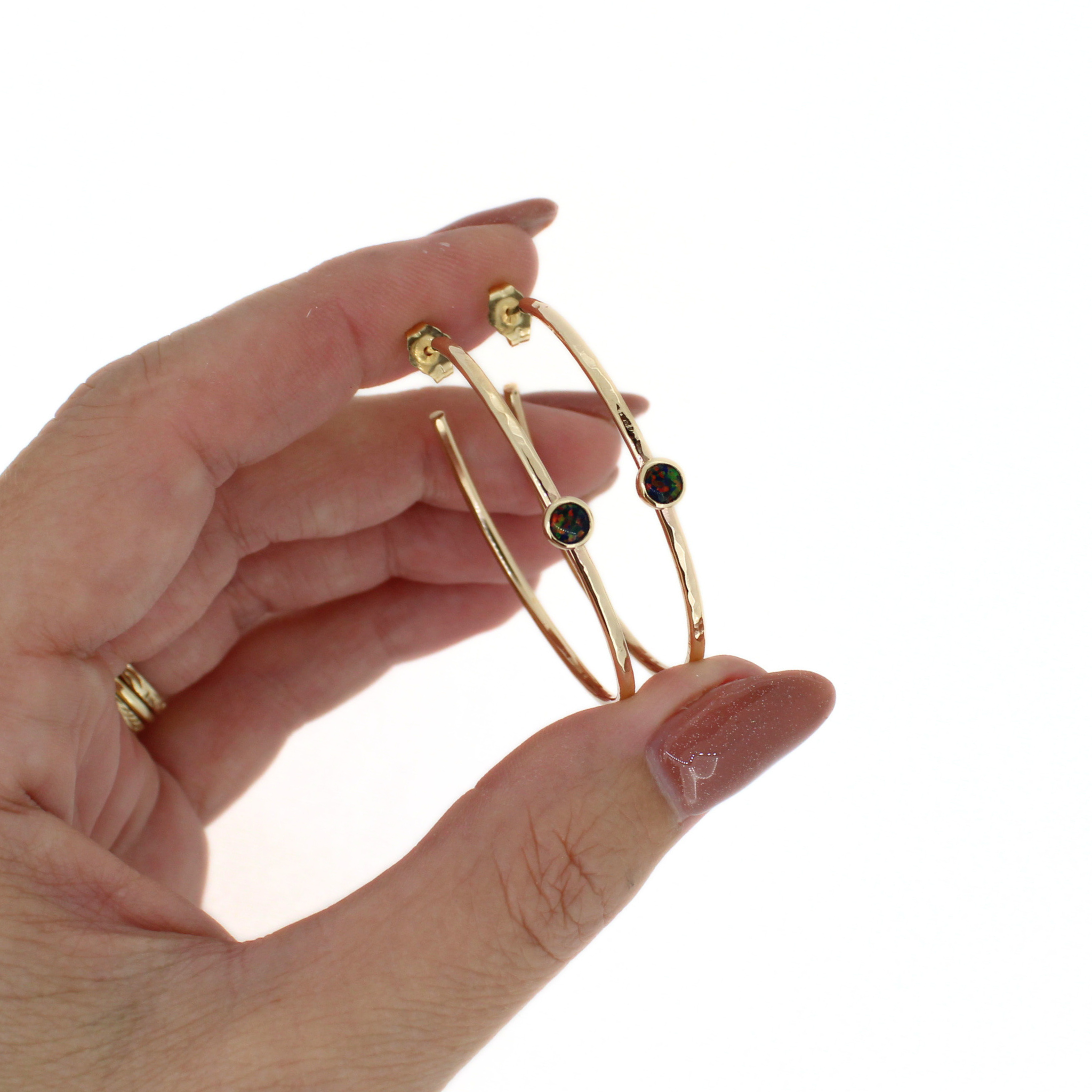 Gold Black Opal Hoop Earrings