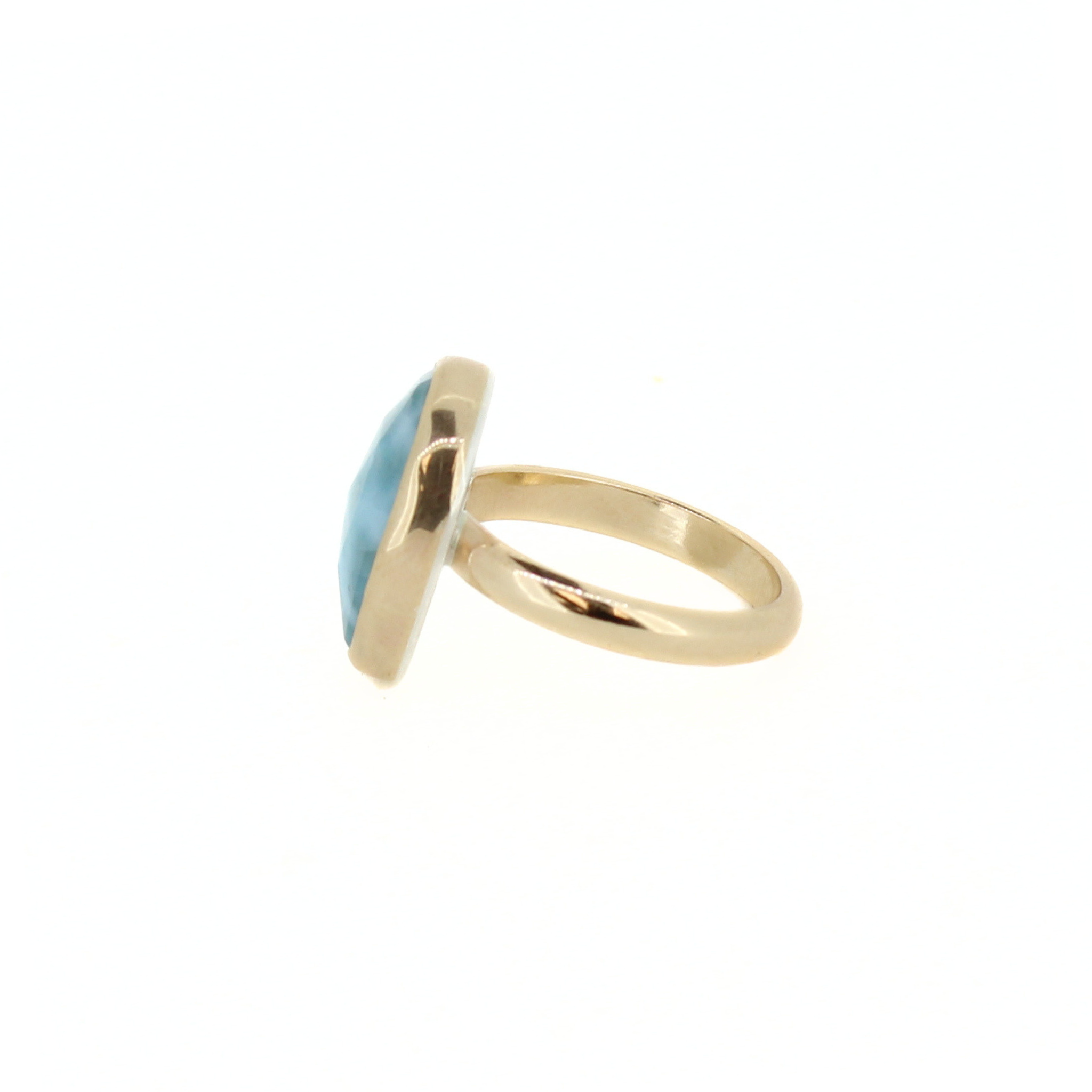 Gold-tone ring with oval blue larimar gemstone, side view bezel setting