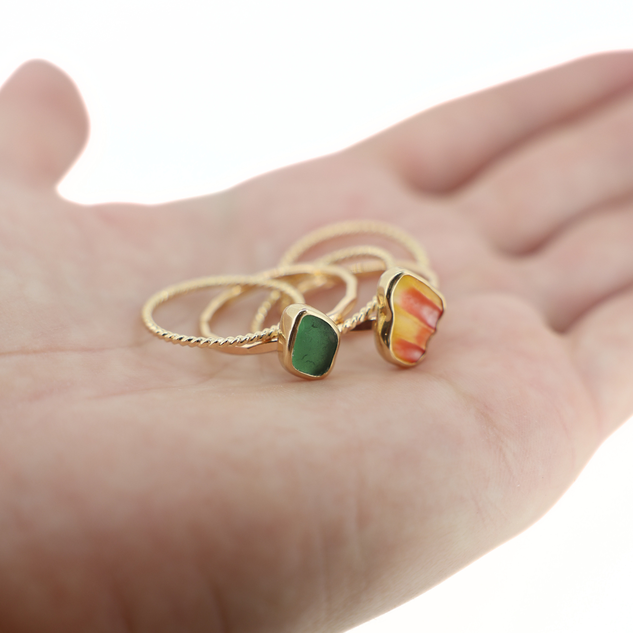 Gold Sunrise Chip & Sea Glass Rings (Set of 5)