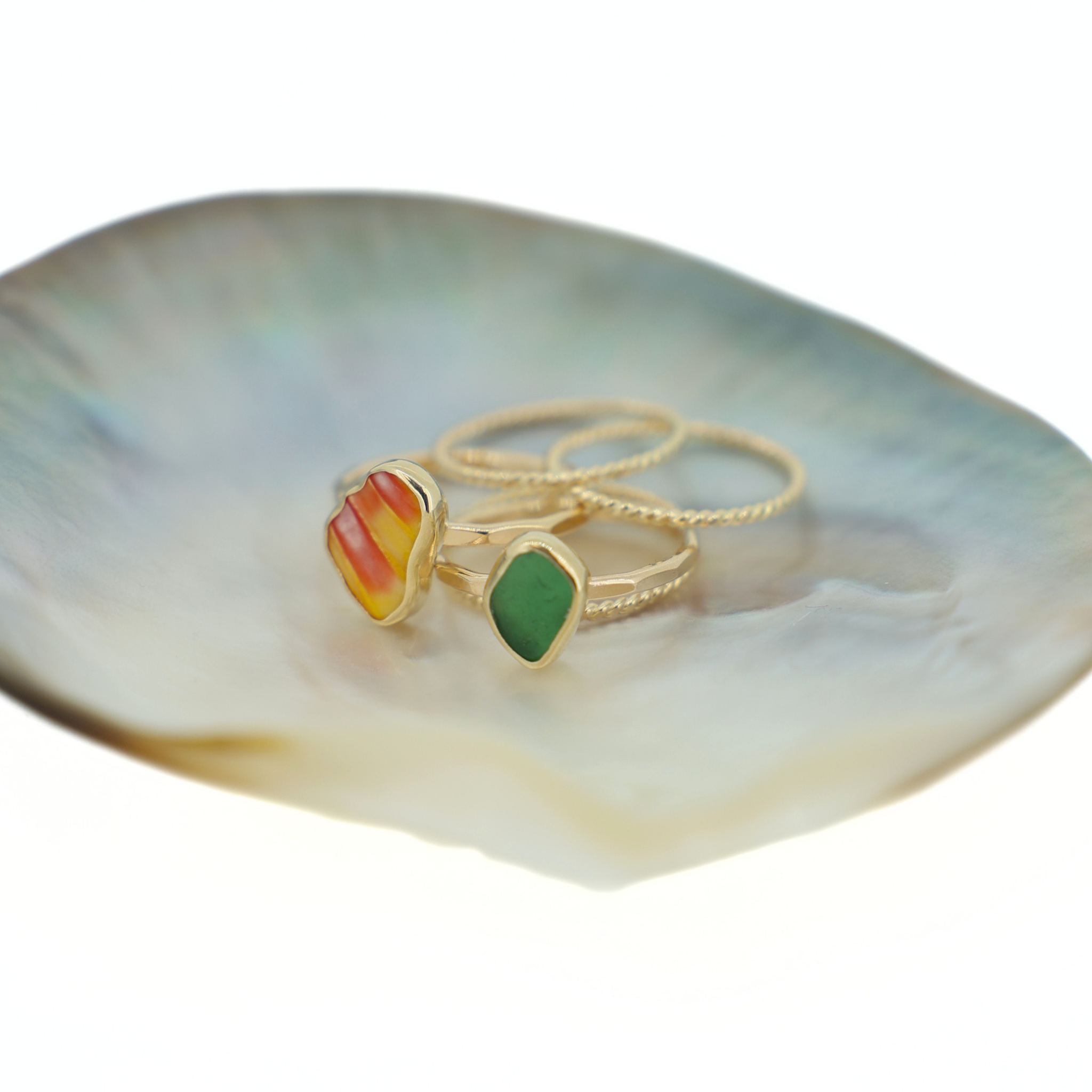 Gold Sunrise Chip & Sea Glass Rings (Set of 5)