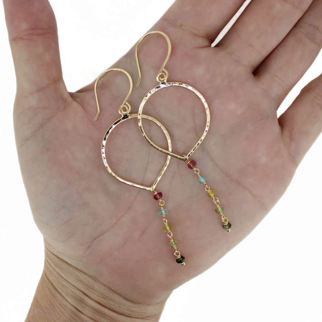 Gold Fill Tear Drop Hoop Earrings w/ Colorful Tourmaline Gemstones