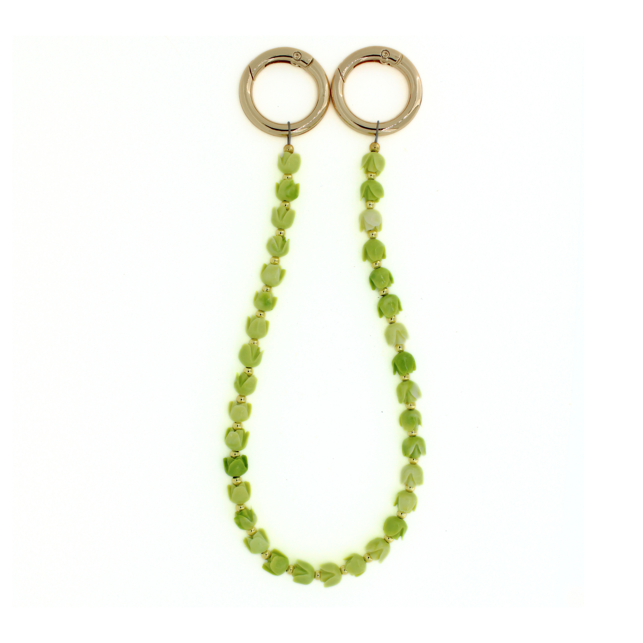 Lime green flower bead lei with two gold hoop clasps