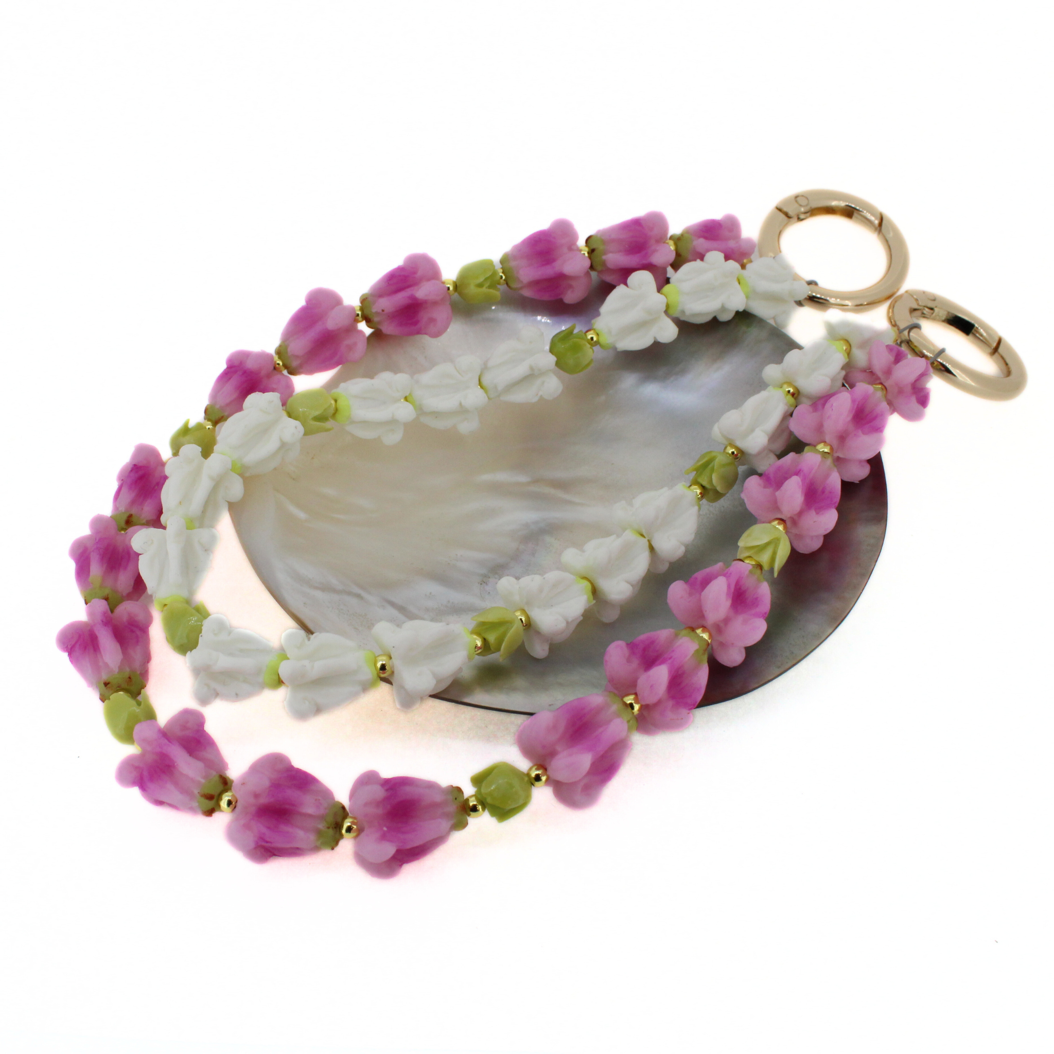 Short Double Strand Purse Lei – Pink & White Crown Flower