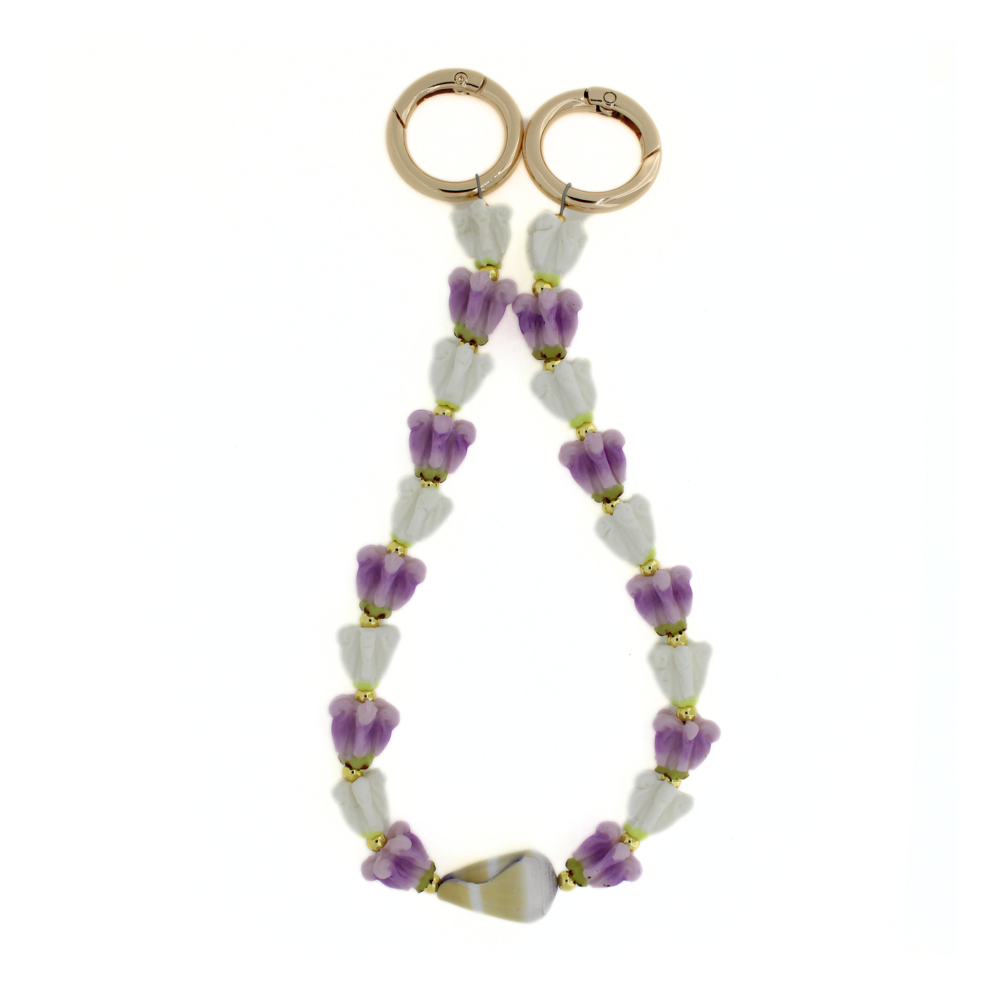 Purple and white flower bead lei with gold keyring clasps, beaded strand