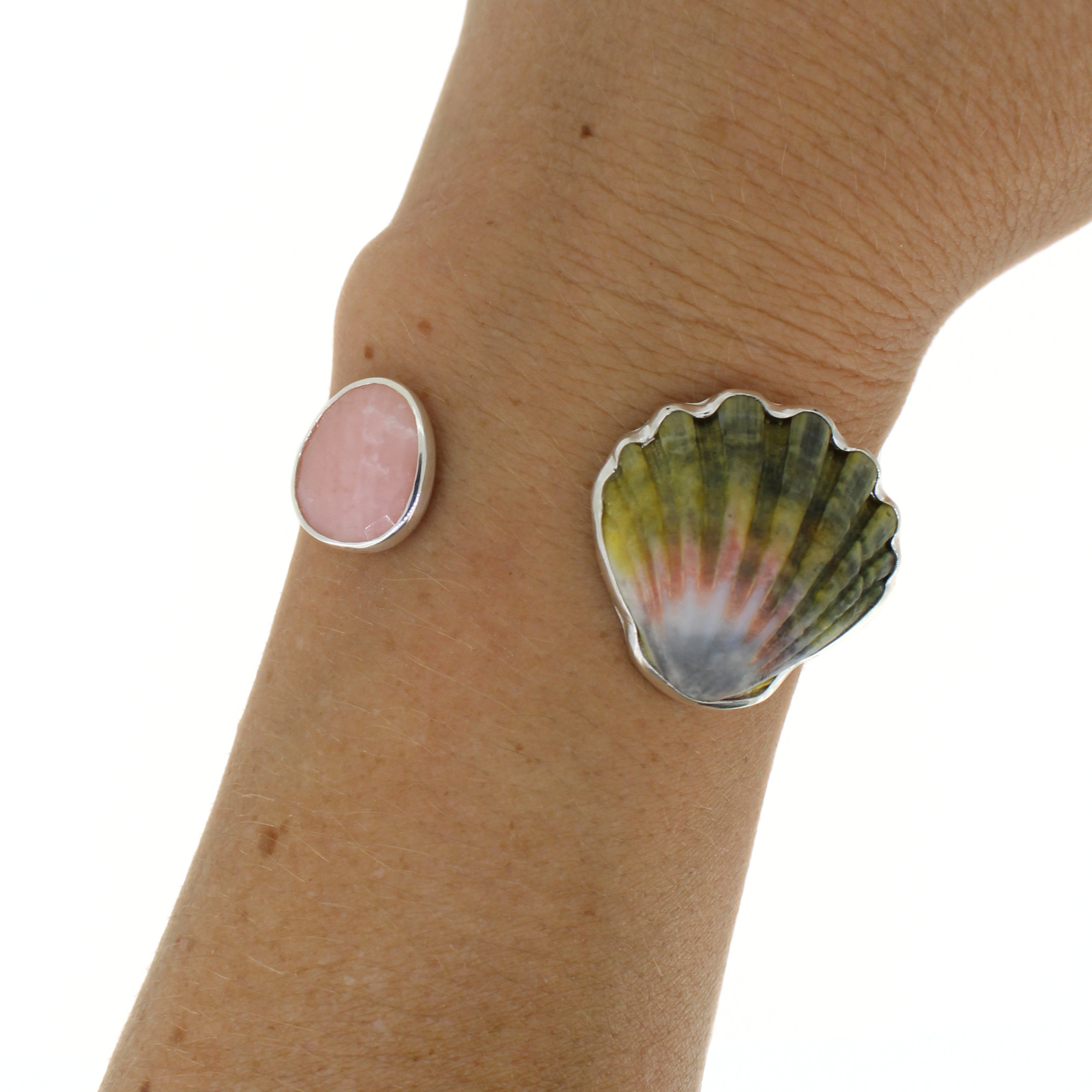 Silver Sunrise Shell & Pink Opal Cuff