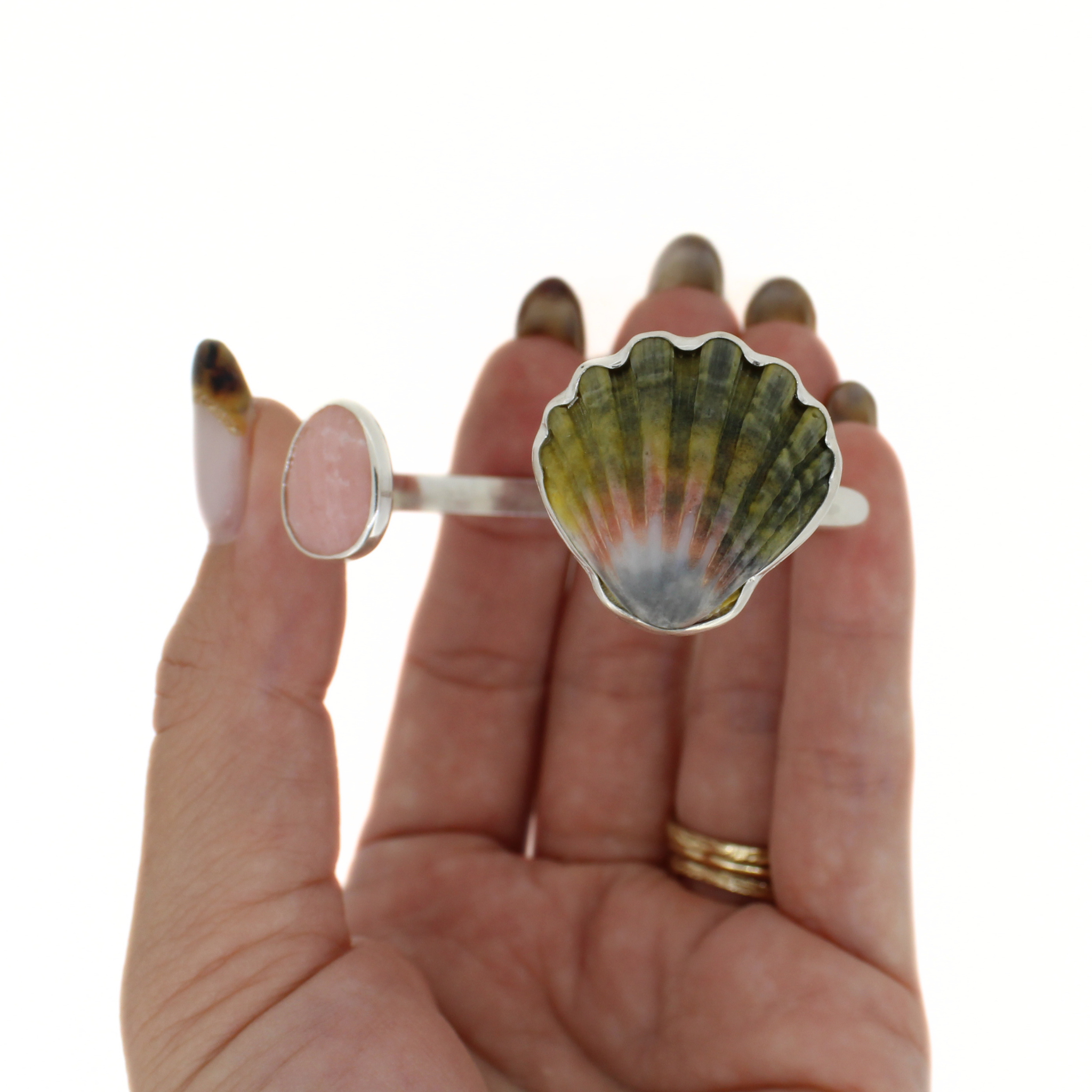 Silver Sunrise Shell & Pink Opal Cuff