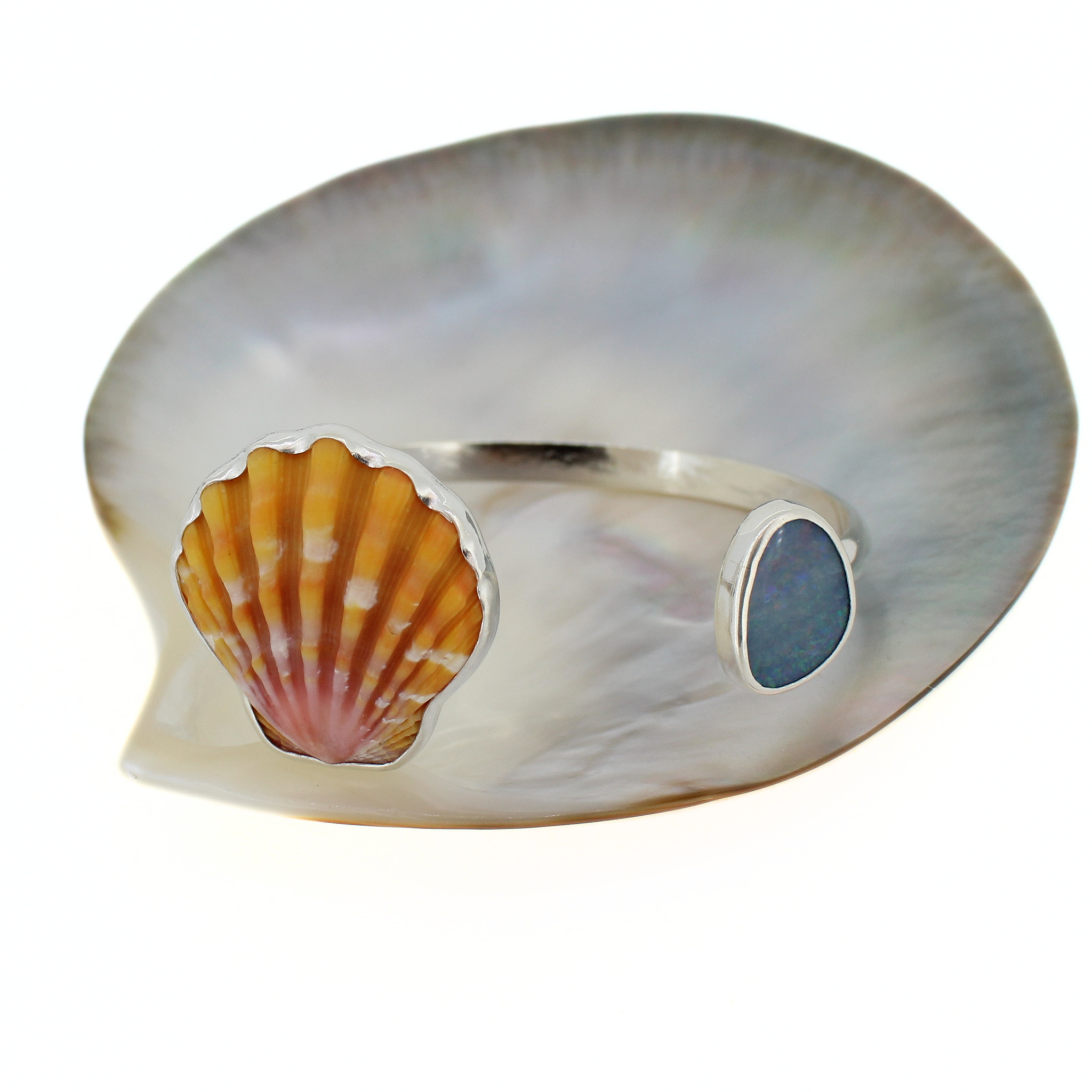 Brianne & Co. sterling silver sunrise shell and Australian opal cuff bracelet