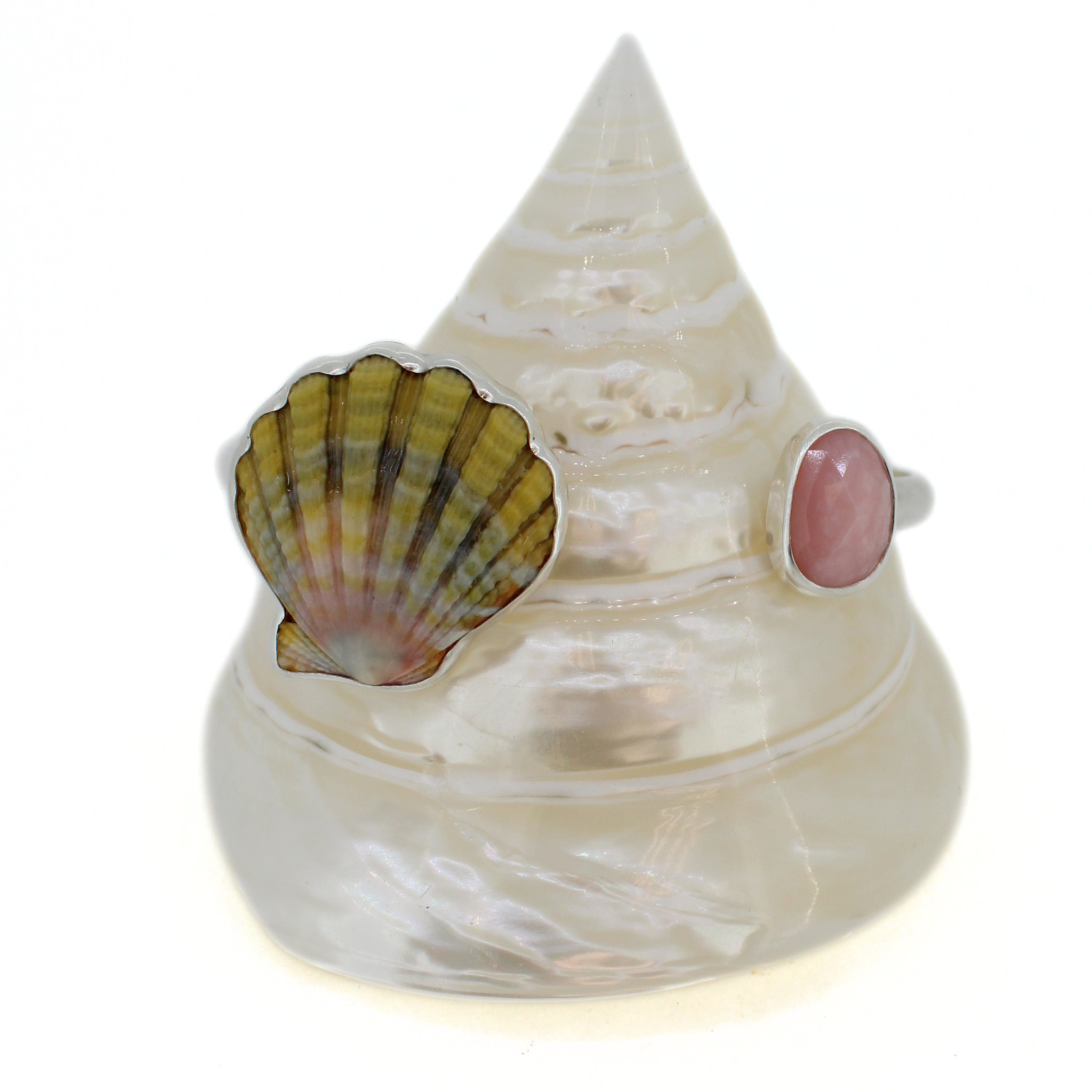 Silver Sunrise Shell & Pink Opal Cuff