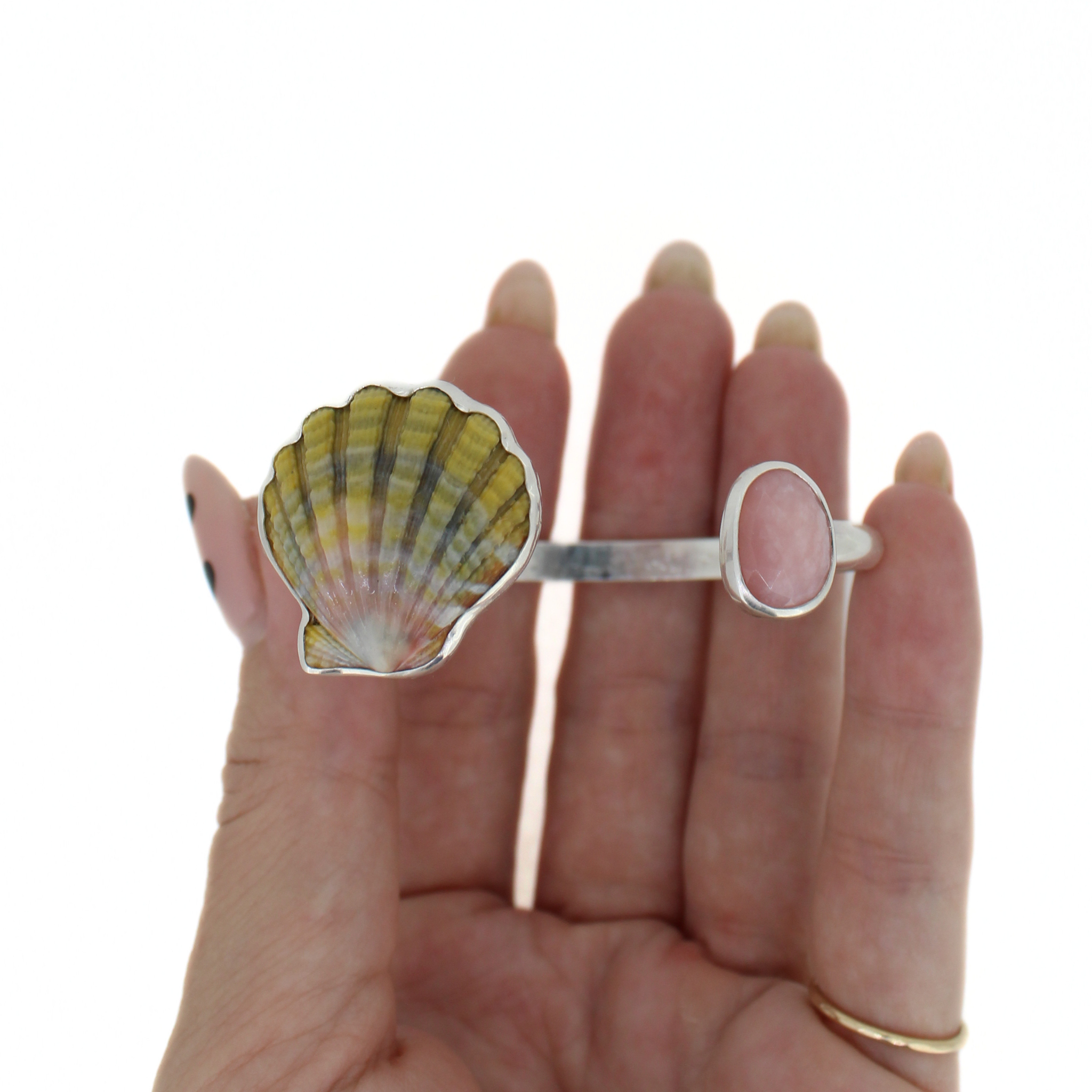 Silver Sunrise Shell & Pink Opal Cuff