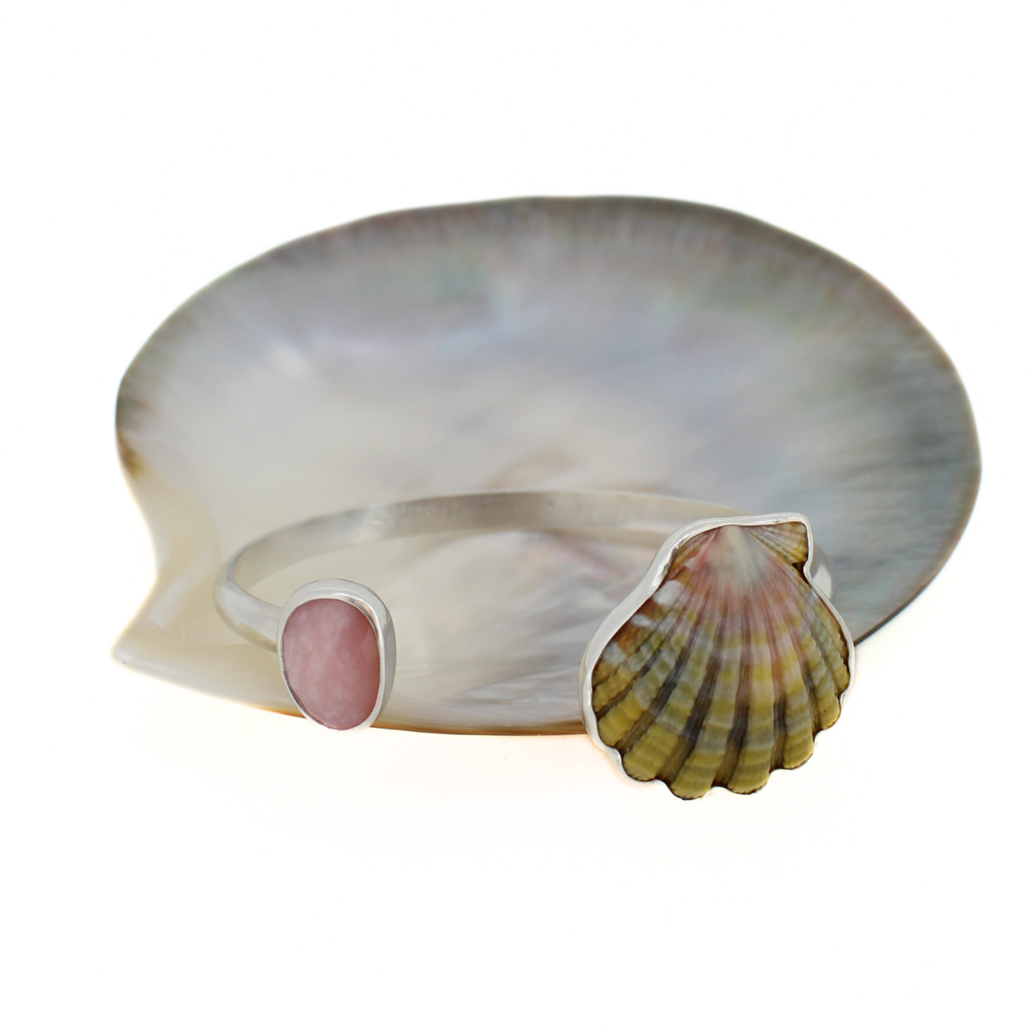 Silver Sunrise Shell & Pink Opal Cuff