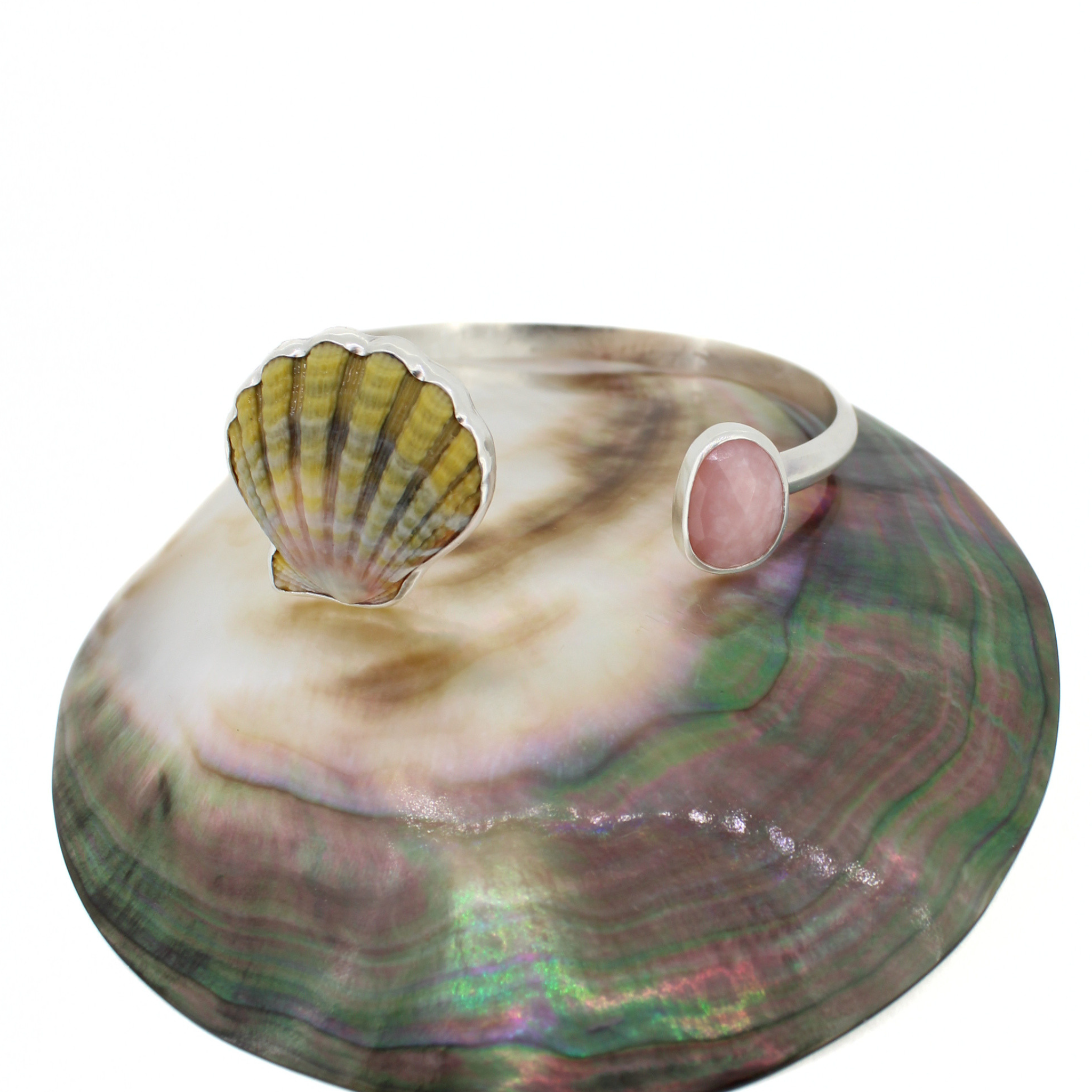 Silver Sunrise Shell & Pink Opal Cuff
