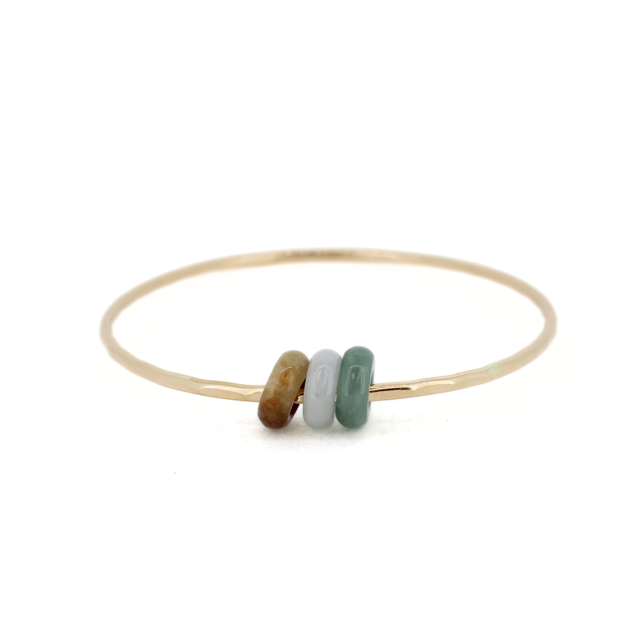 Brianne & Co. 14k gold fill hammered bangle bracelet with three colorful genuine jade donut shaped beads