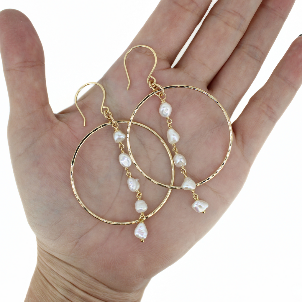 Brianne & Co. gold hammered hoop earrings with little white Edison keshi pearls