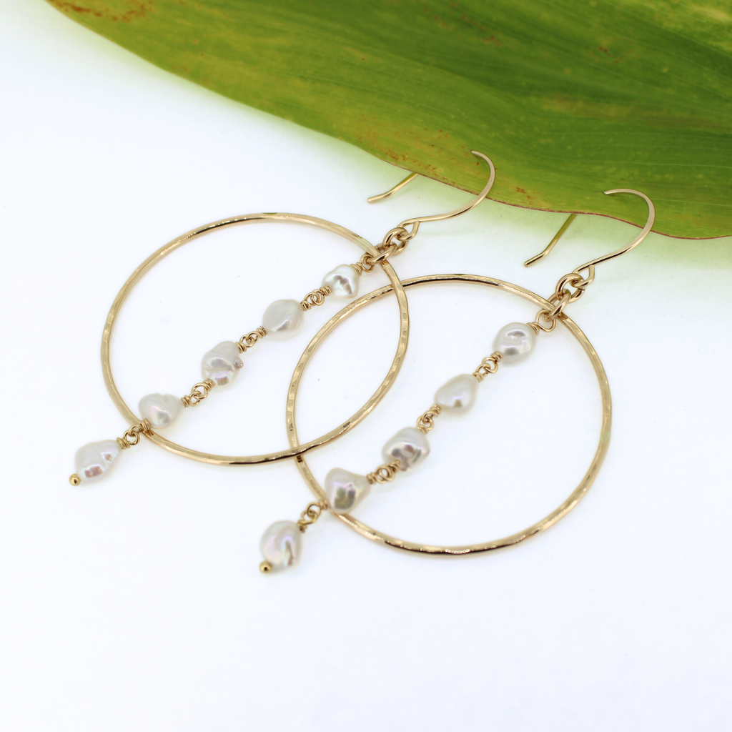 Brianne & Co. medium gold hoop earrings with white Edison keshi pearls