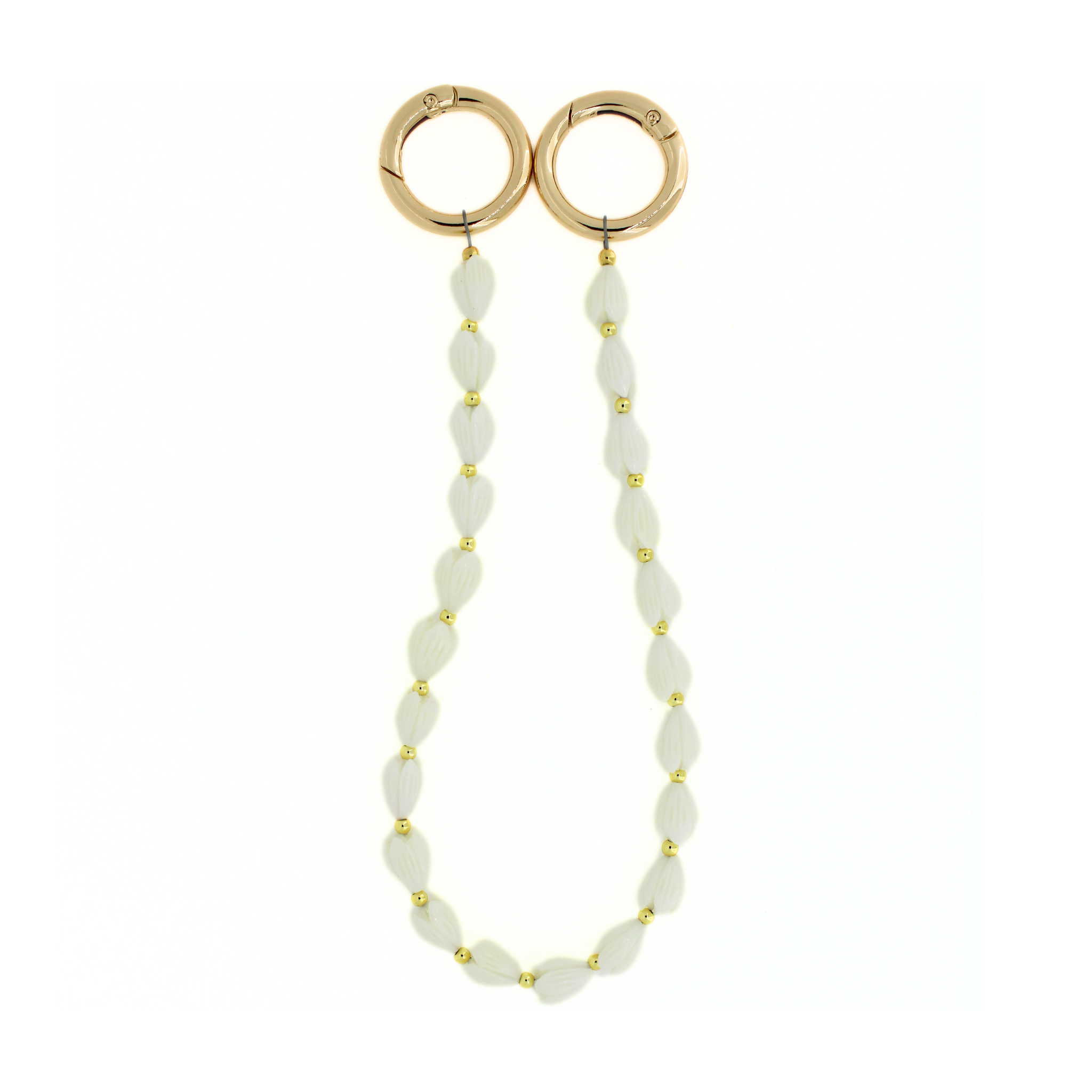 Flower purse lei with white petal beads and two gold rings, hanging in a U shape