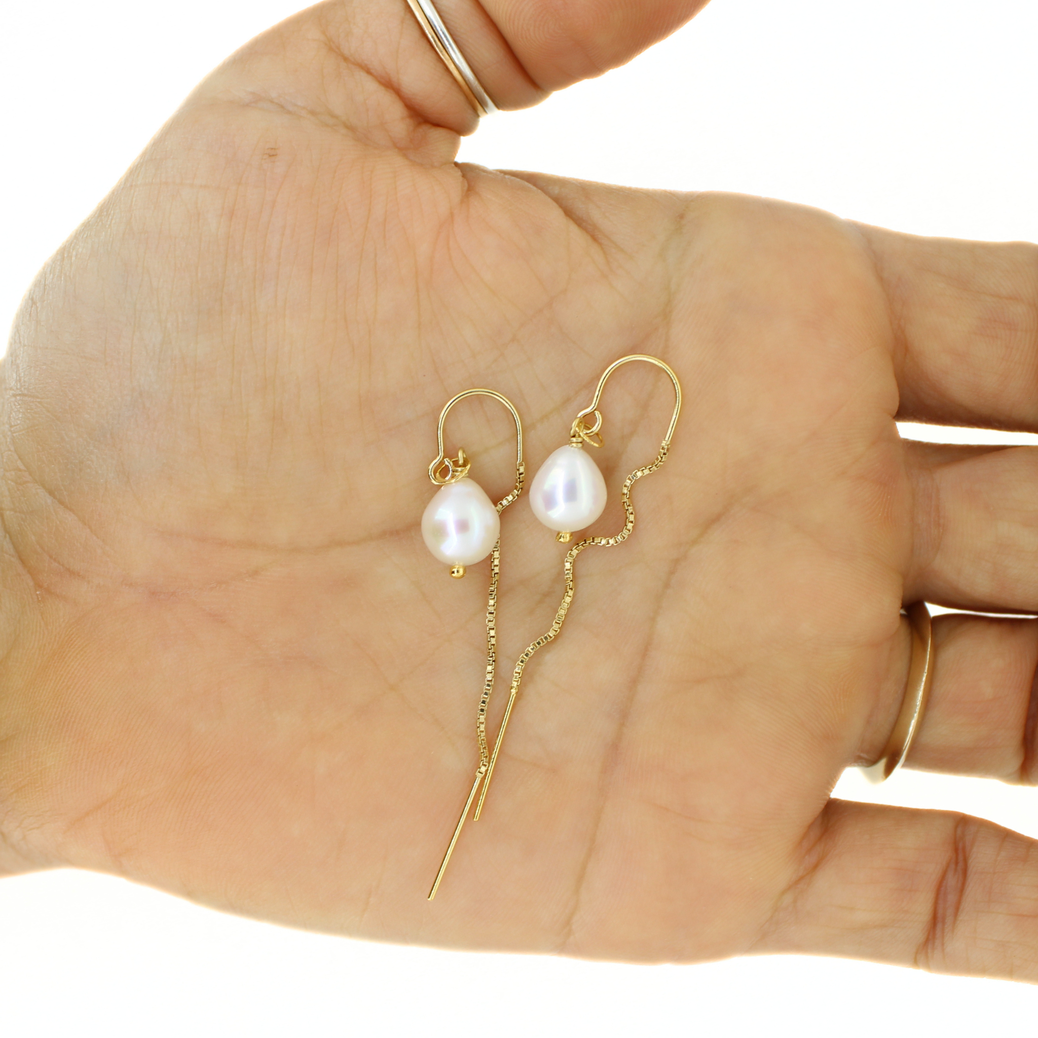 Gold White Fresh Water Pearl Threader Earrings