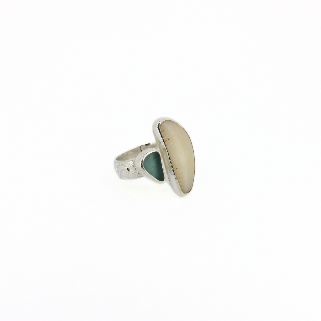Brianne and Company sea glass and cowrie shell from Kauai bezel set in sterling silver, size 7 ring