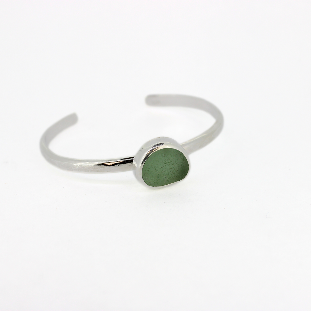 Brianne & Co sterling silver sea foam green sea glass cuff with hammered texture