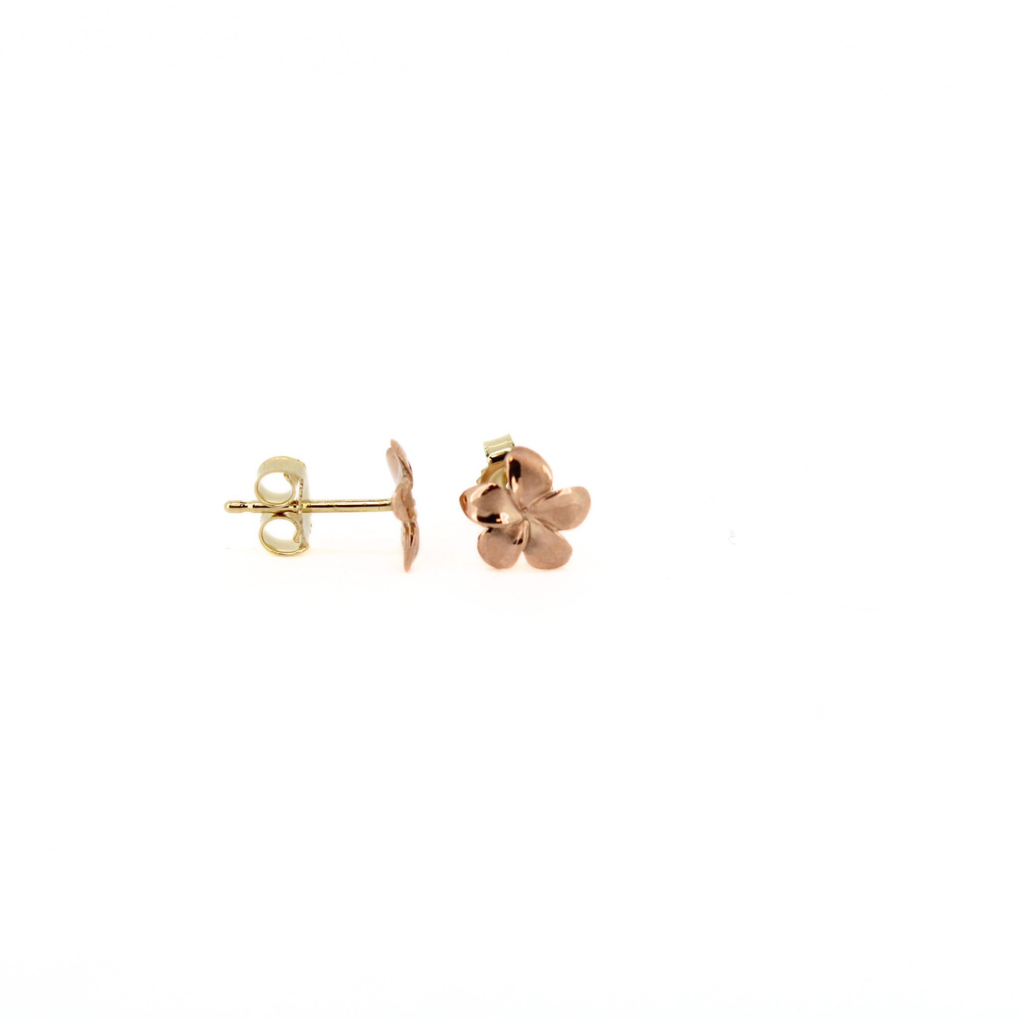 Brianne and Co 14k rose gold Pua Melia studs showing front and post with back