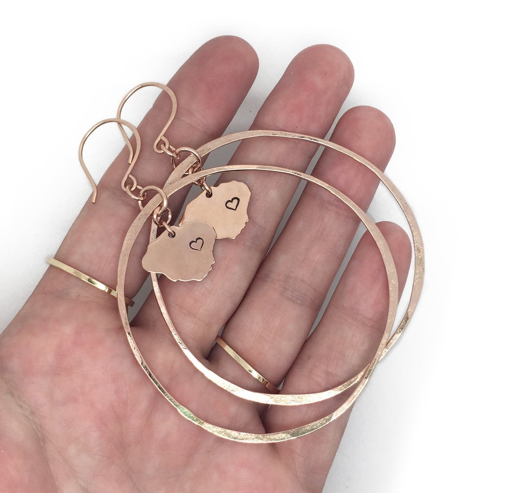 hammered organic hoops with Kauai charm and stamped heart