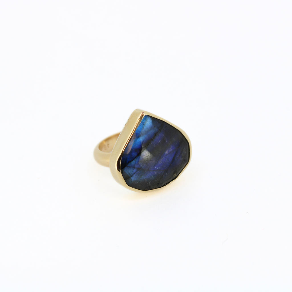 Brianne and Co gold bezel faceted labradorite statement ring, size 7