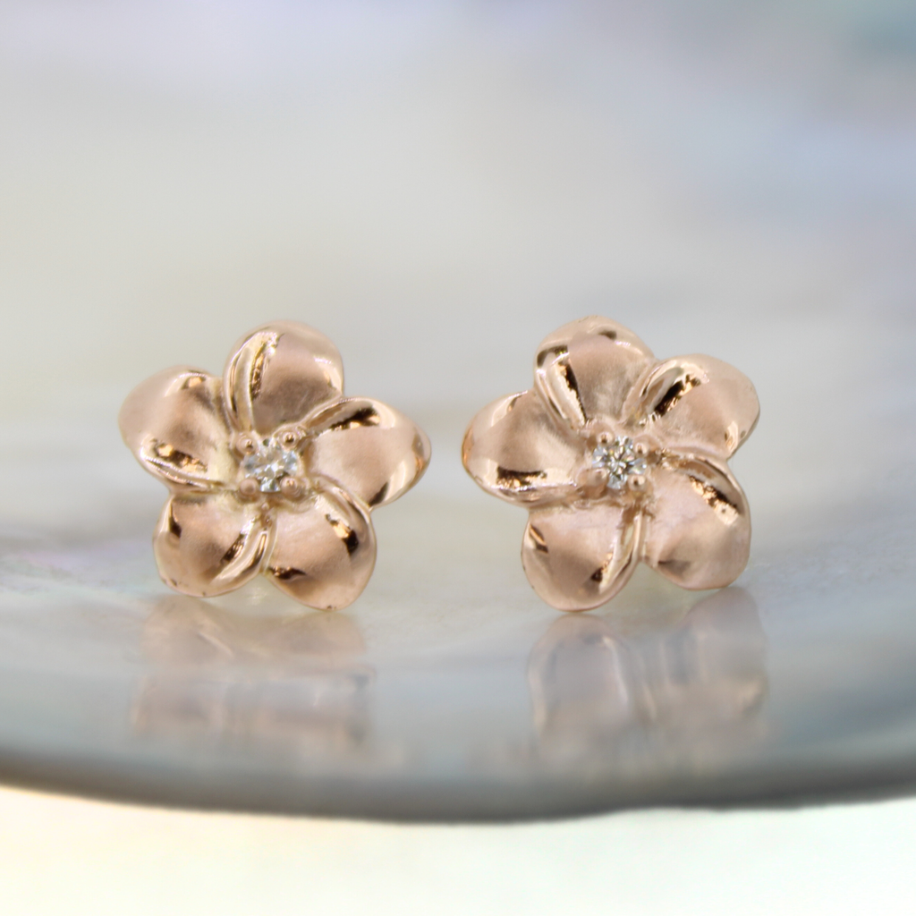 Brianne & Co. 14k rose gold medium plumeria diamond stud earrings