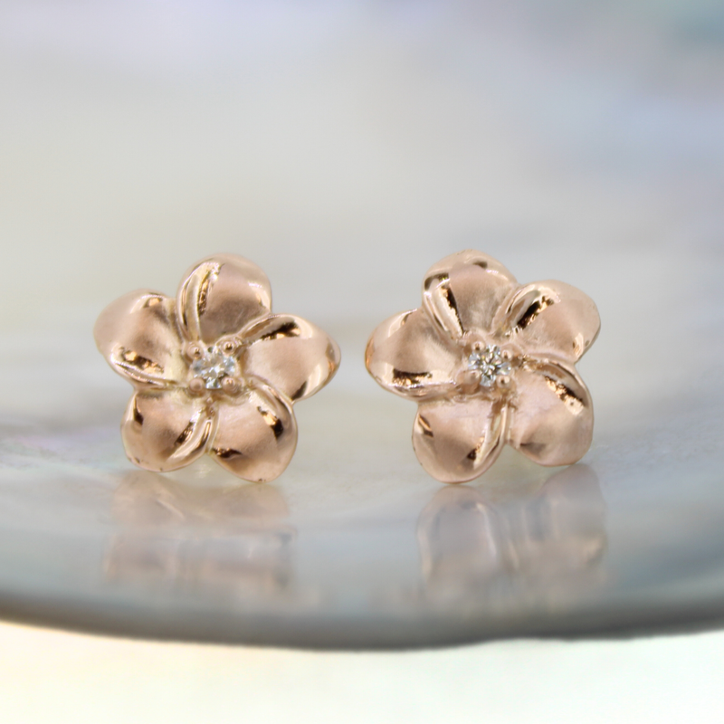 Brianne & Co. 14k rose gold medium plumeria diamond stud earrings