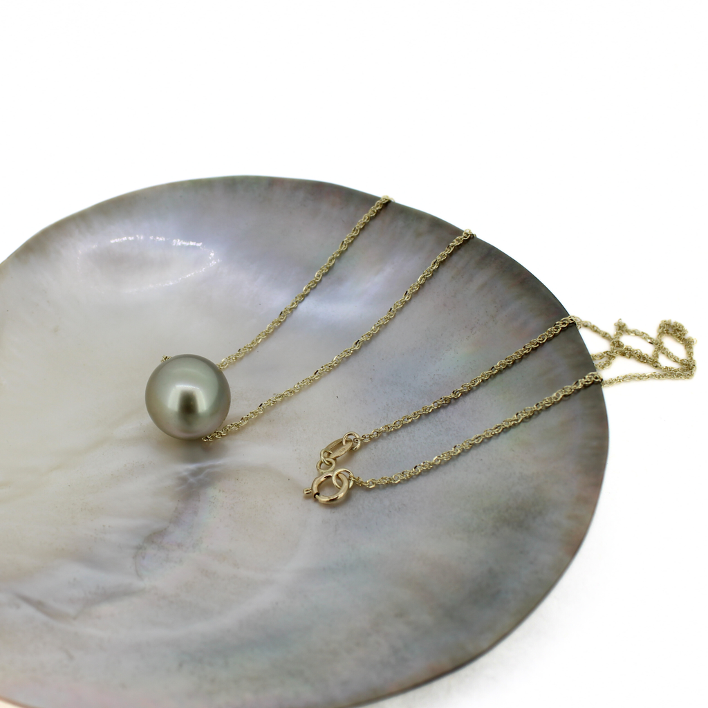14K Gold Pastel Green Tahitian Pearl Floating Necklace 20"
