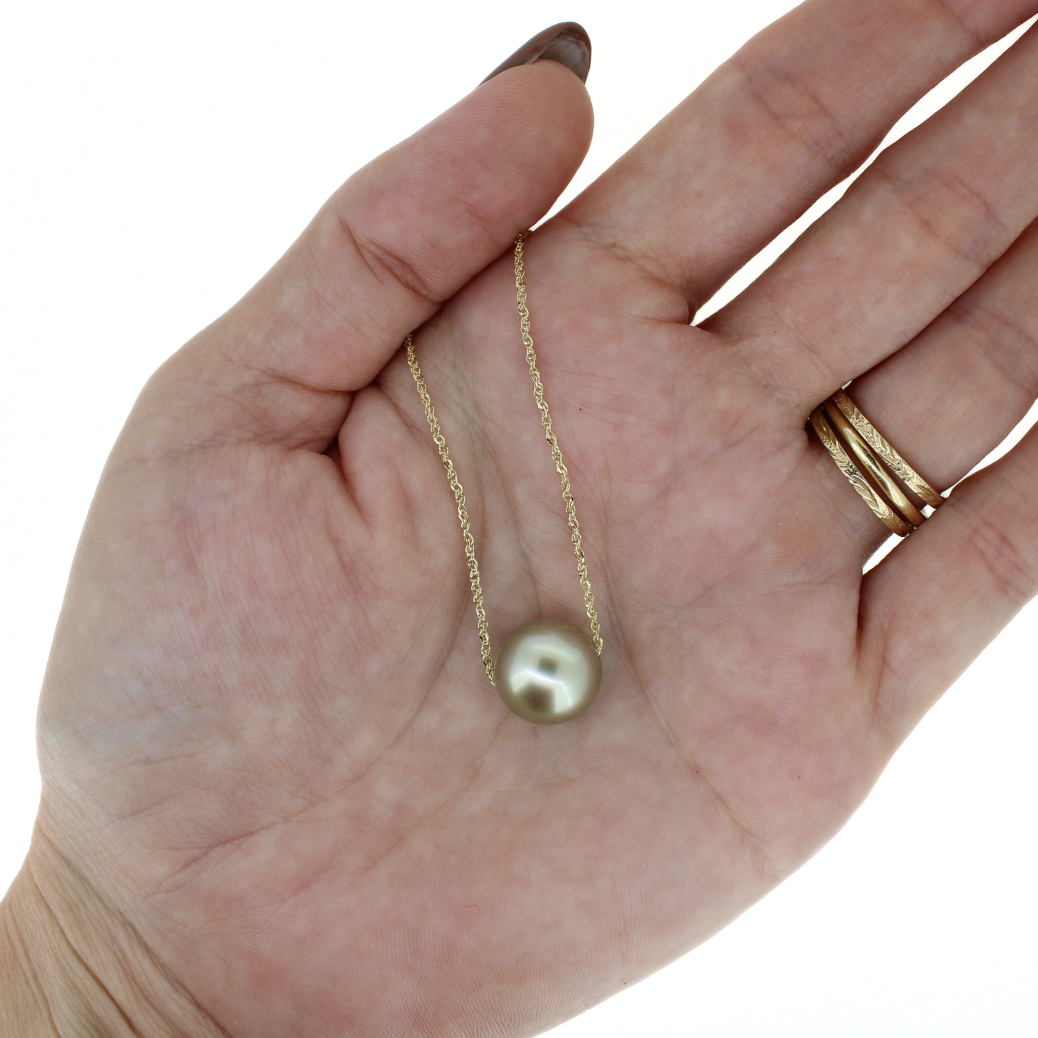 14K Gold Pastel Green Tahitian Pearl Floating Necklace 20"