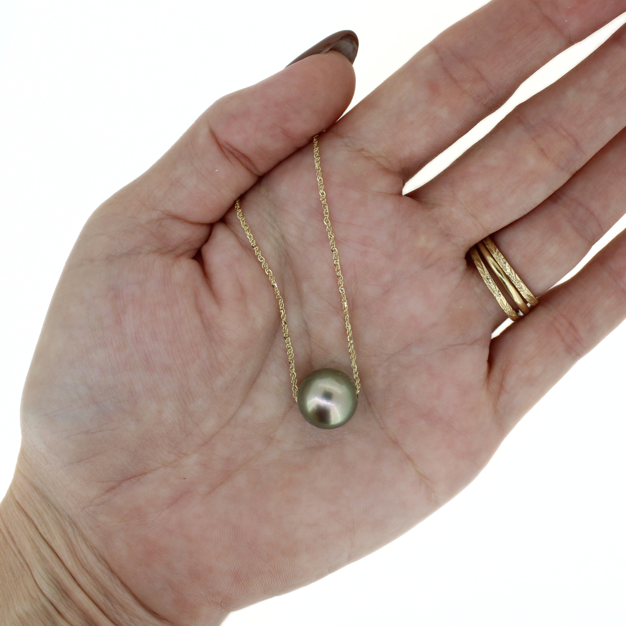 14K Gold Peacock Tahitian Pearl Floating Necklace 20"