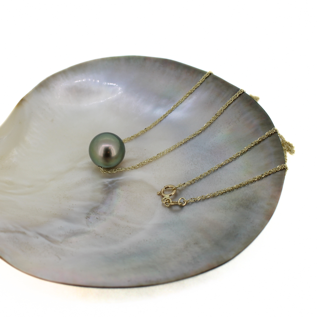 14K Gold Peacock Tahitian Pearl Floating Necklace 20"