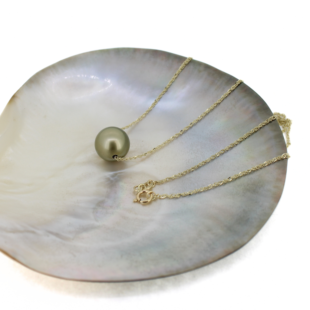 14K Gold Green Tahitian Pearl Floating Necklace 18"
