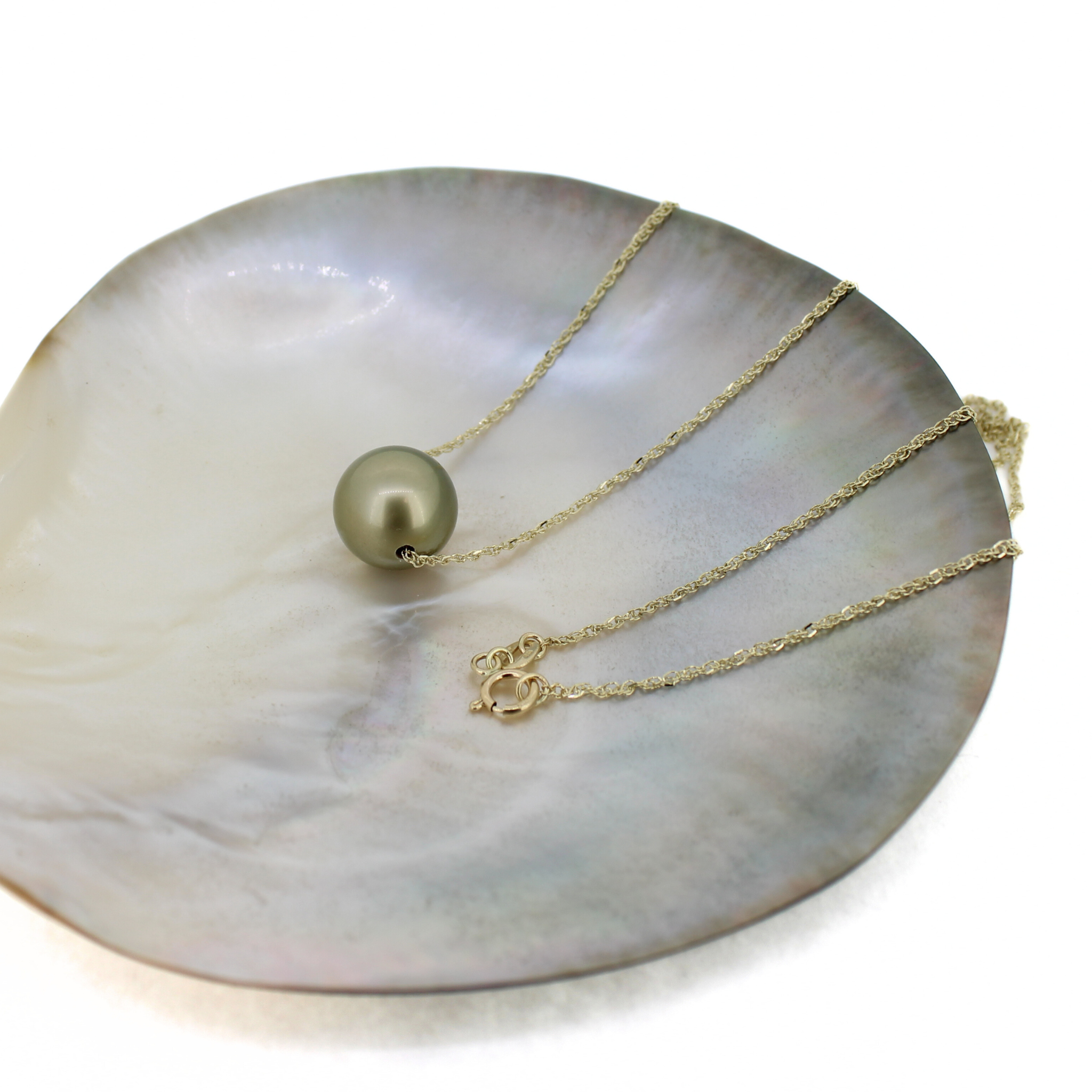 14K Gold Green Tahitian Pearl Floating Necklace 18"