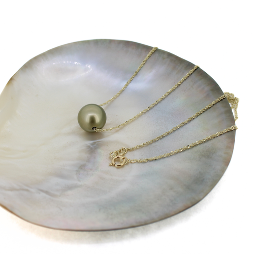 14K Gold Green Tahitian Pearl Floating Necklace 18"