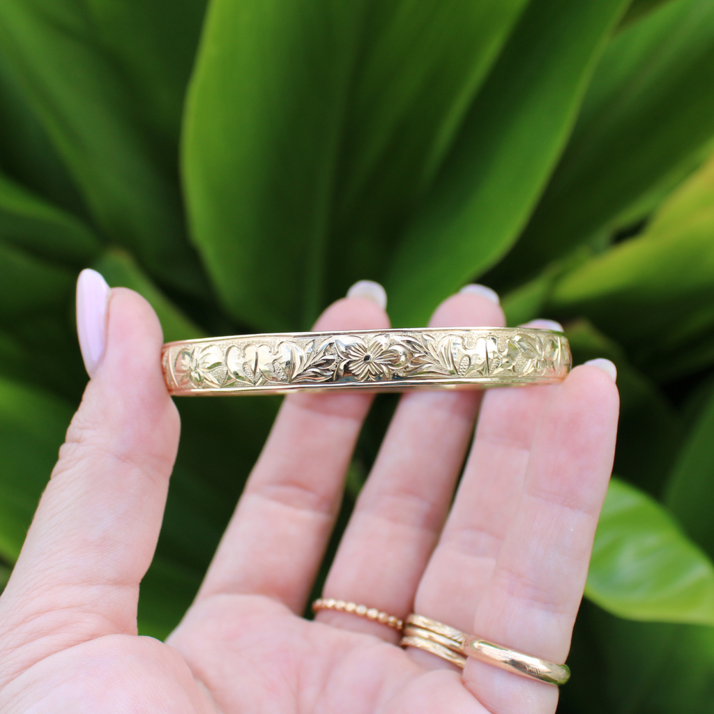 14K Hawaiian Heirloom 8mm Flowers of Hawaii KUUIPO Bangle Size 7.5