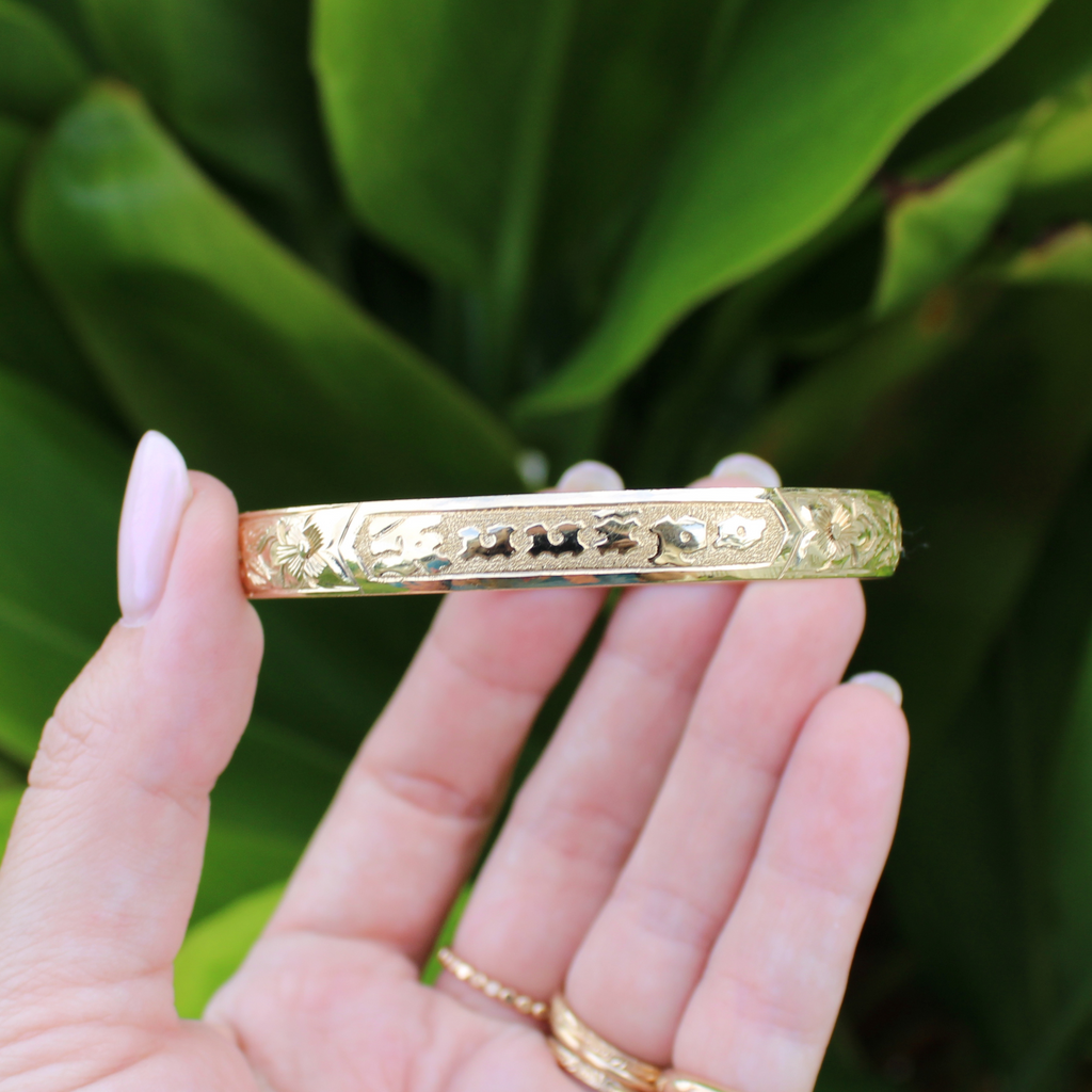 14K Hawaiian Heirloom 8mm Flowers of Hawaii KUUIPO Bangle Size 7.5