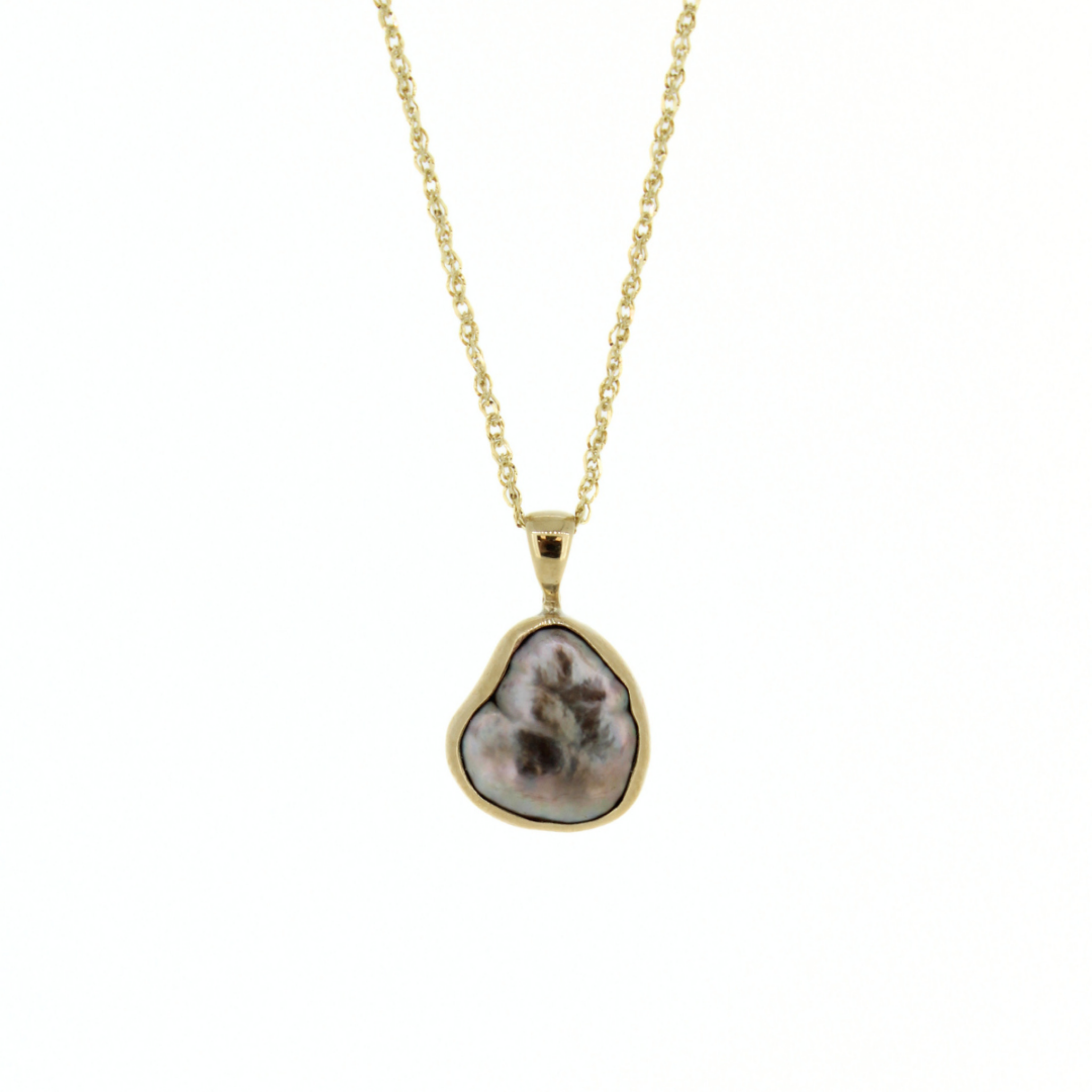 Gold keshi pearl pendant necklace with dark iridescent teardrop pearl