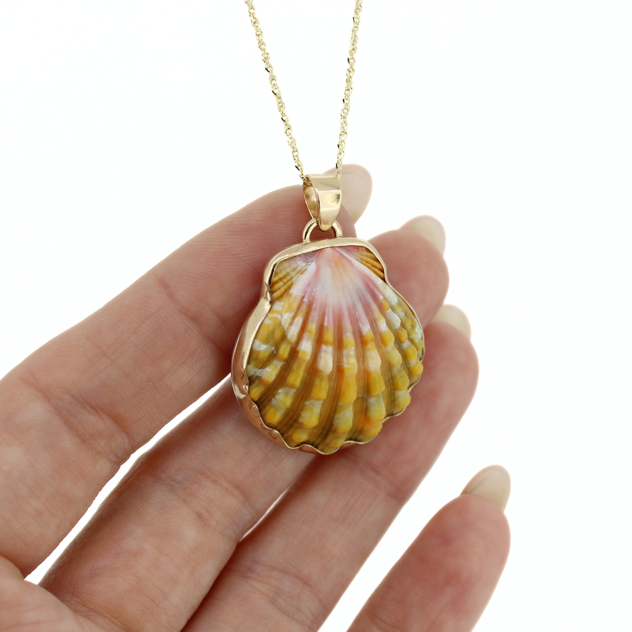 Gold shell pendant necklace on hand; pink center with yellow ridged shell