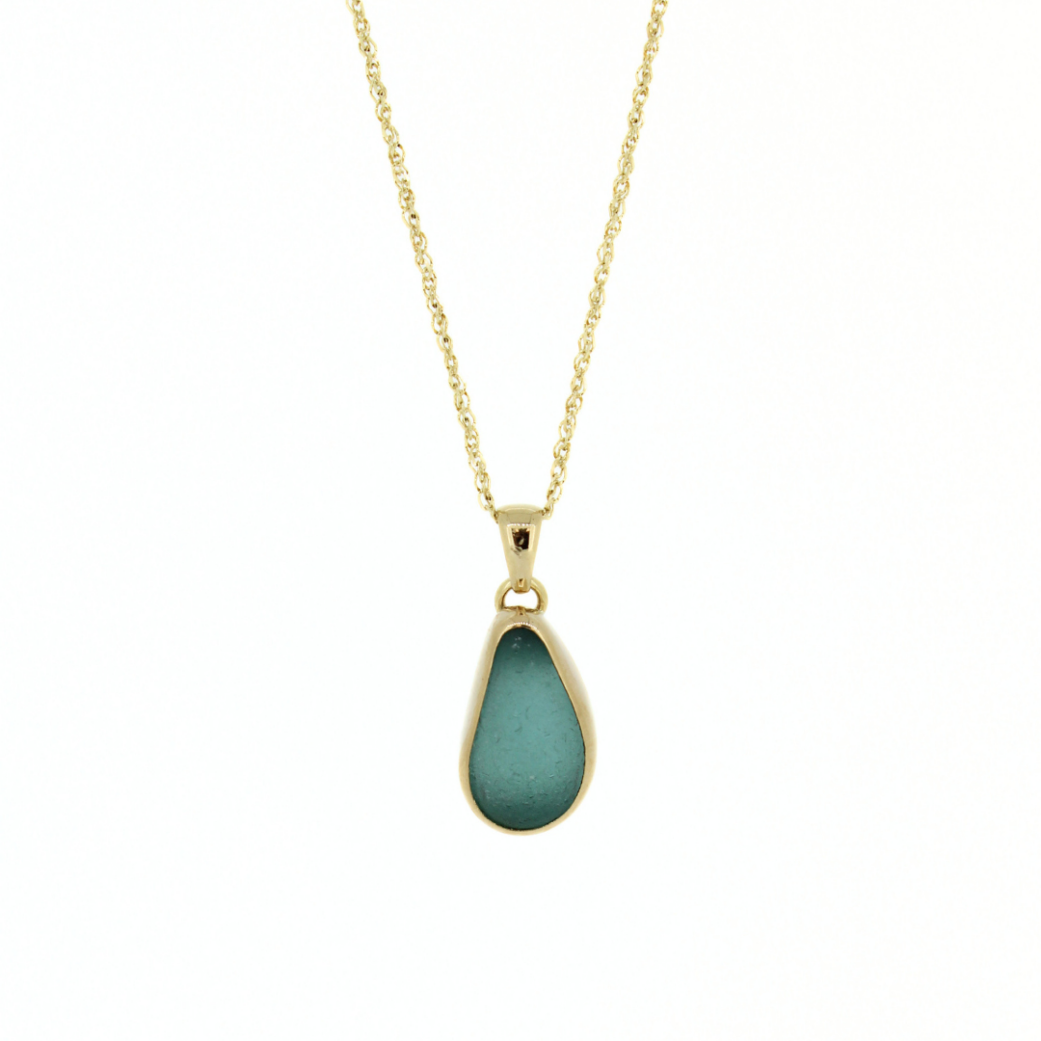 Gold necklace with teardrop blue sea glass pendant on fine chain