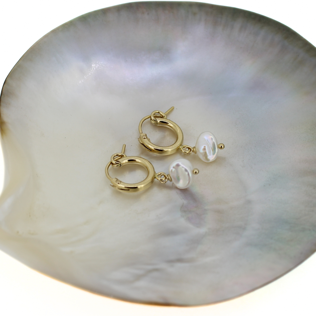 Brianne & Co. 14k gold fill small 12mm hoop earrings with white Edison keshi pearls