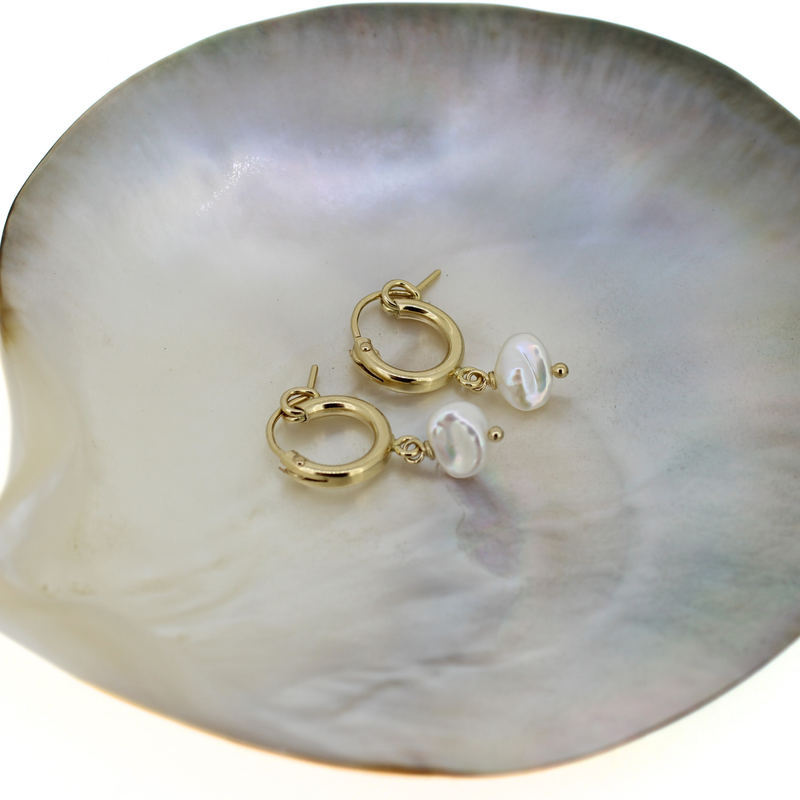 Brianne & Co. 14k gold fill small 12mm hoop earrings with white Edison keshi pearls