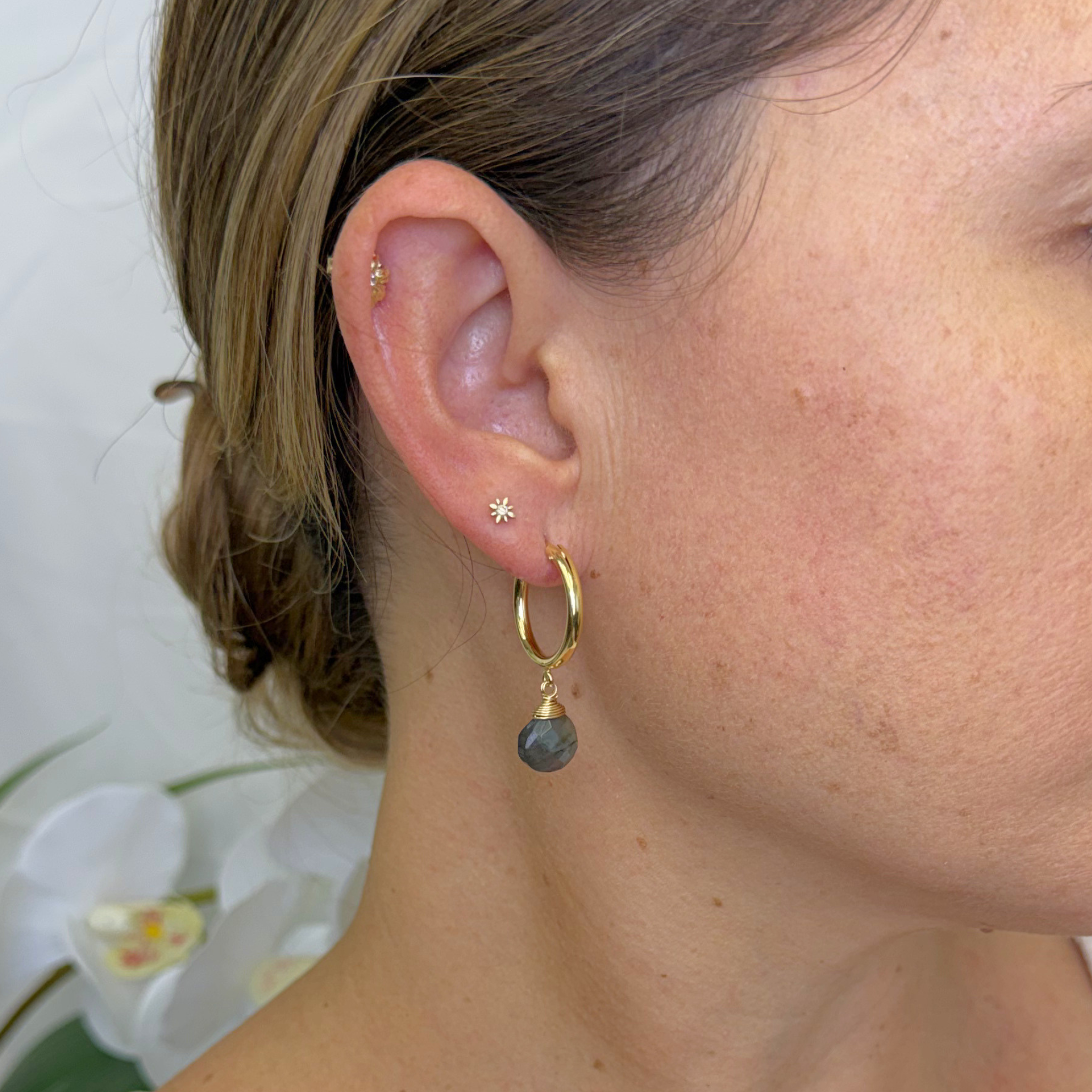 Gold 18mm Hoops w/ Labradorite