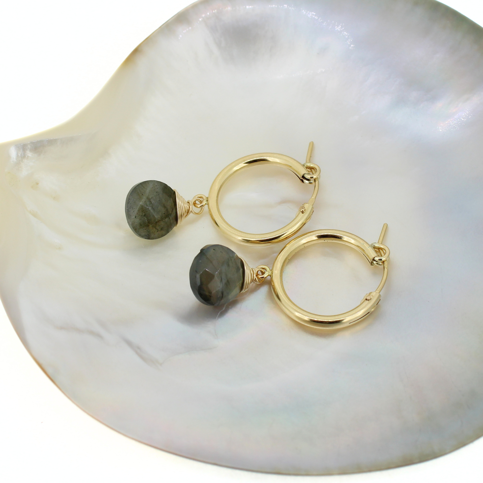 Gold 18mm Hoops w/ Labradorite