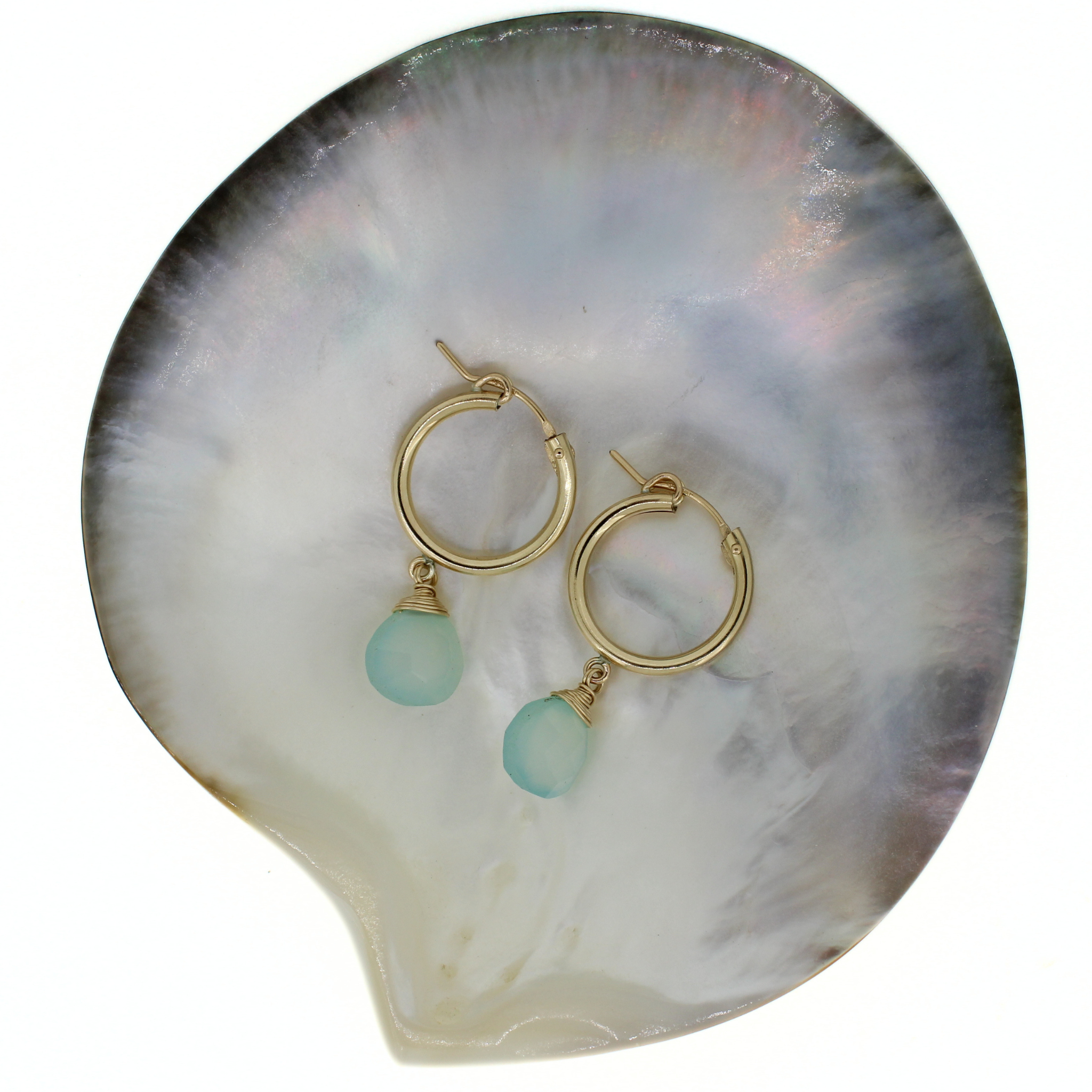Gold 18mm Hoops w/ Blue Chalcedony
