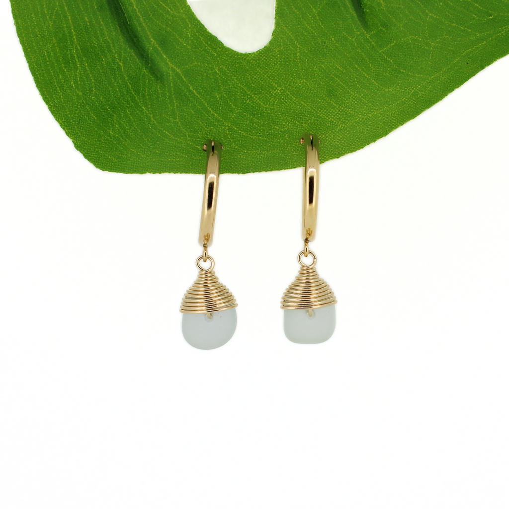 14k gold fill 18mm hoop earrings with genuine light blue sea glass handmade by Brianne & Co.
