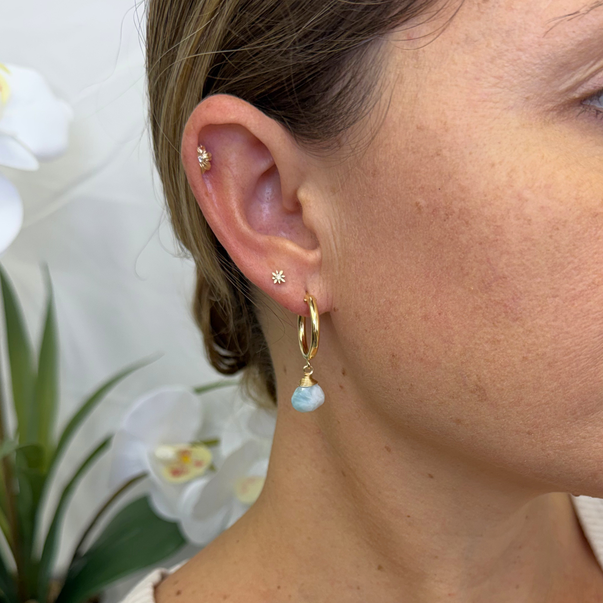 Gold 18mm Hoops w/ Larimar