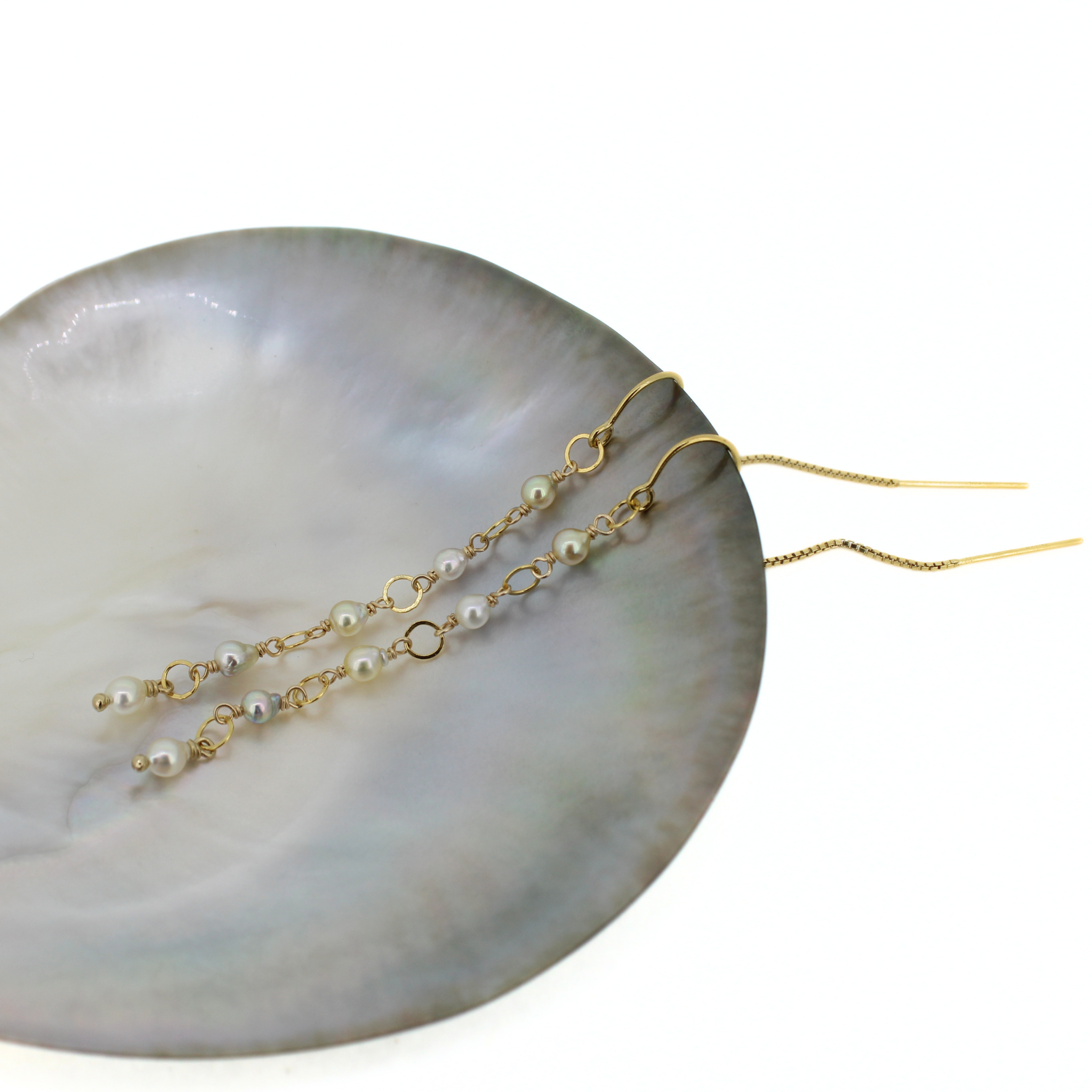 Brianne & Co. 14k gold fill threader style earrings featuring tiny genuine akoya pearls